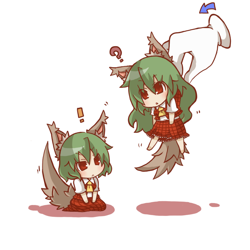 gurageida, kazami yuuka, kazami yuuka (pc-98), mystic square, phantasmagoria of flower view, touhou, touhou (pc-98), !, 2girls, :<, ?, animal ears, ascot, disembodied hand, dual persona, female focus, green hair, kemonomimi mode, long hair, multiple girls, plaid clothes, plaid skirt, plaid vest, red eyes, short hair, skirt, skirt set, tail, time paradox, vest, white background