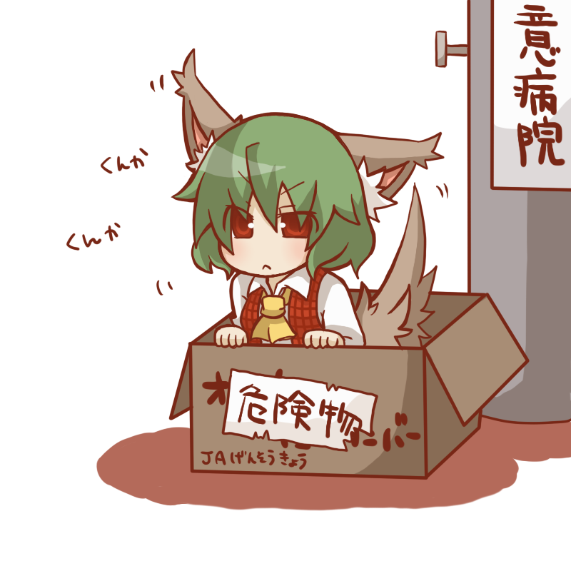 gurageida, kazami yuuka, touhou, partially translated, translation request, 1girl, :<, animal ears, ascot, box, cardboard box, chibi, dog ears, female focus, for adoption, green hair, in box, in container, kemonomimi mode, plaid clothes, plaid vest, red eyes, short hair, solo, tail, take me home, vest