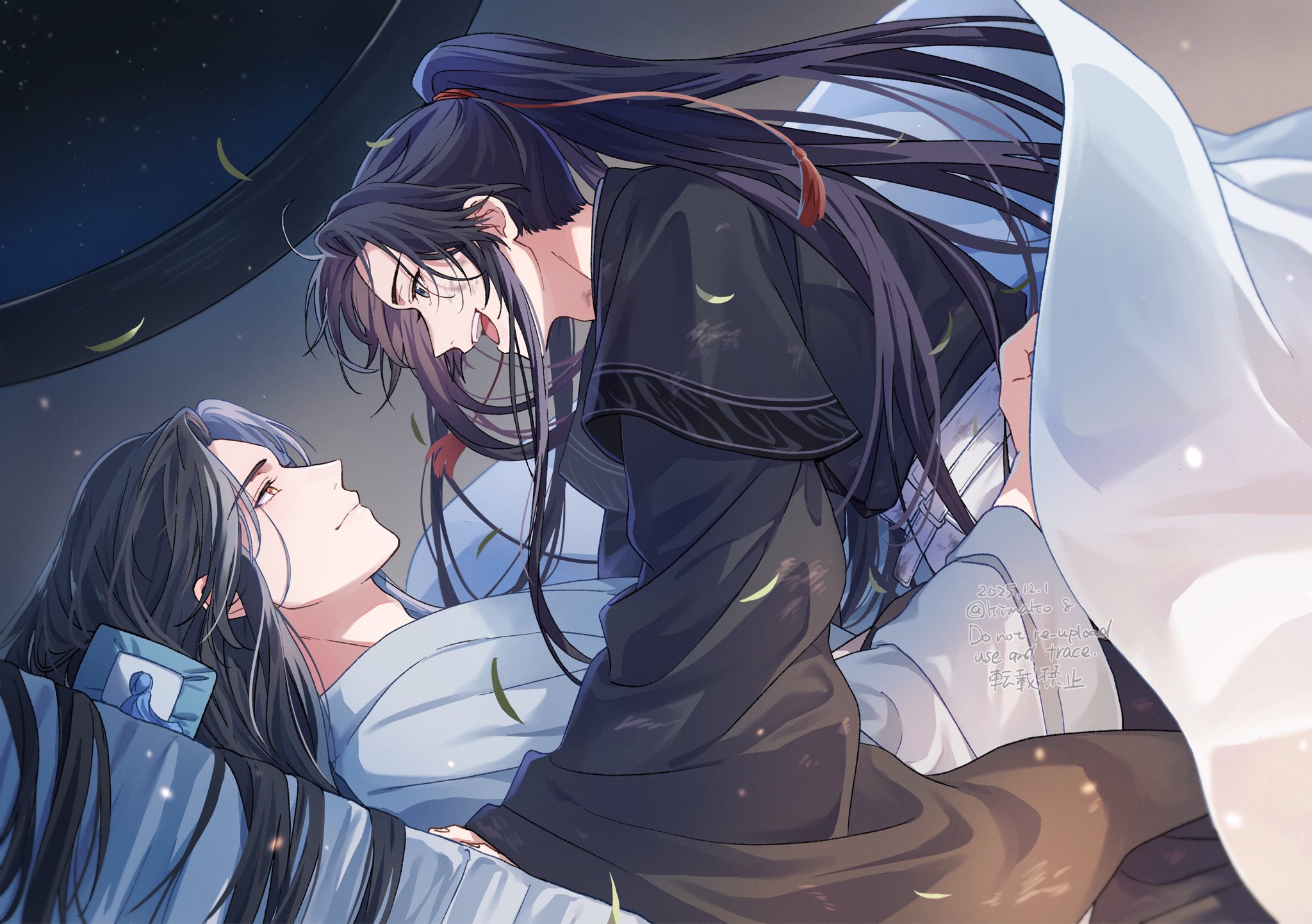 kimako (kimako 8), lan wangji, wei wuxian, modao zushi, commentary request, highres, 2boys, ahoge, bed, bishounen, black hair, black hanfu, blanket, chinese clothes, closed mouth, couple, dated, eye contact, falling leaves, from side, grey eyes, grey sash, hair ornament, hair ribbon, hanfu, high ponytail, hug, indoors, leaf, long hair, long sleeves, looking at another, lying, male focus, multiple boys, night, on back, on bed, open mouth, pillow, ponytail, profile, red ribbon, ribbon, robe, round window, sidelocks, sky, smile, tassel, tassel hair ornament, twitter username, under covers, very long hair, watermark, white hanfu, wide sleeves, window, yaoi, yellow eyes
