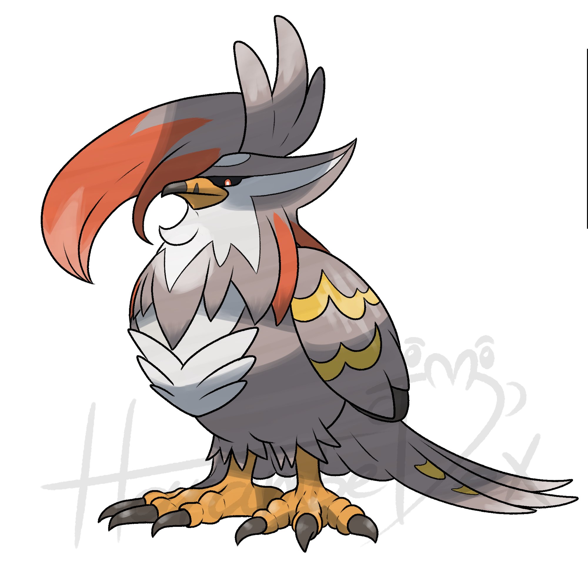 staraptor, nintendo, pokemon, highres, animal focus, artist name, bird, black sclera, colored sclera, gen 4 pokemon, grey feathers, harambedex, mega pokemon, mega staraptor, no humans, official style, pokemon (creature), pokemon focus, red eyes, talons, v-shaped eyes