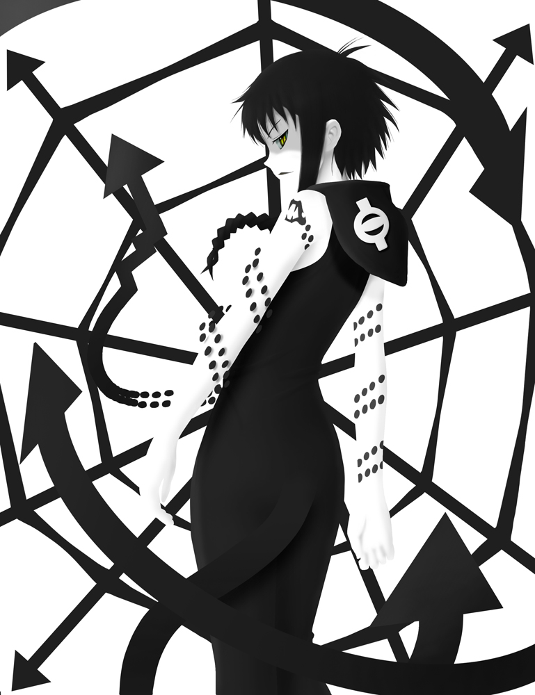 siraha, arachne (soul eater), medusa gorgon, soul eater, bad id, bad pixiv id, spoilers, 00s, 1girl, arrow (symbol), braid, cosplay, female focus, greyscale, hood, looking back, medusa gorgon (cosplay), monochrome, official alternate costume, official alternate hair color, possessed, possession, short hair with long locks, silk, snake, solo, spider web, spot color, witch, yellow eyes