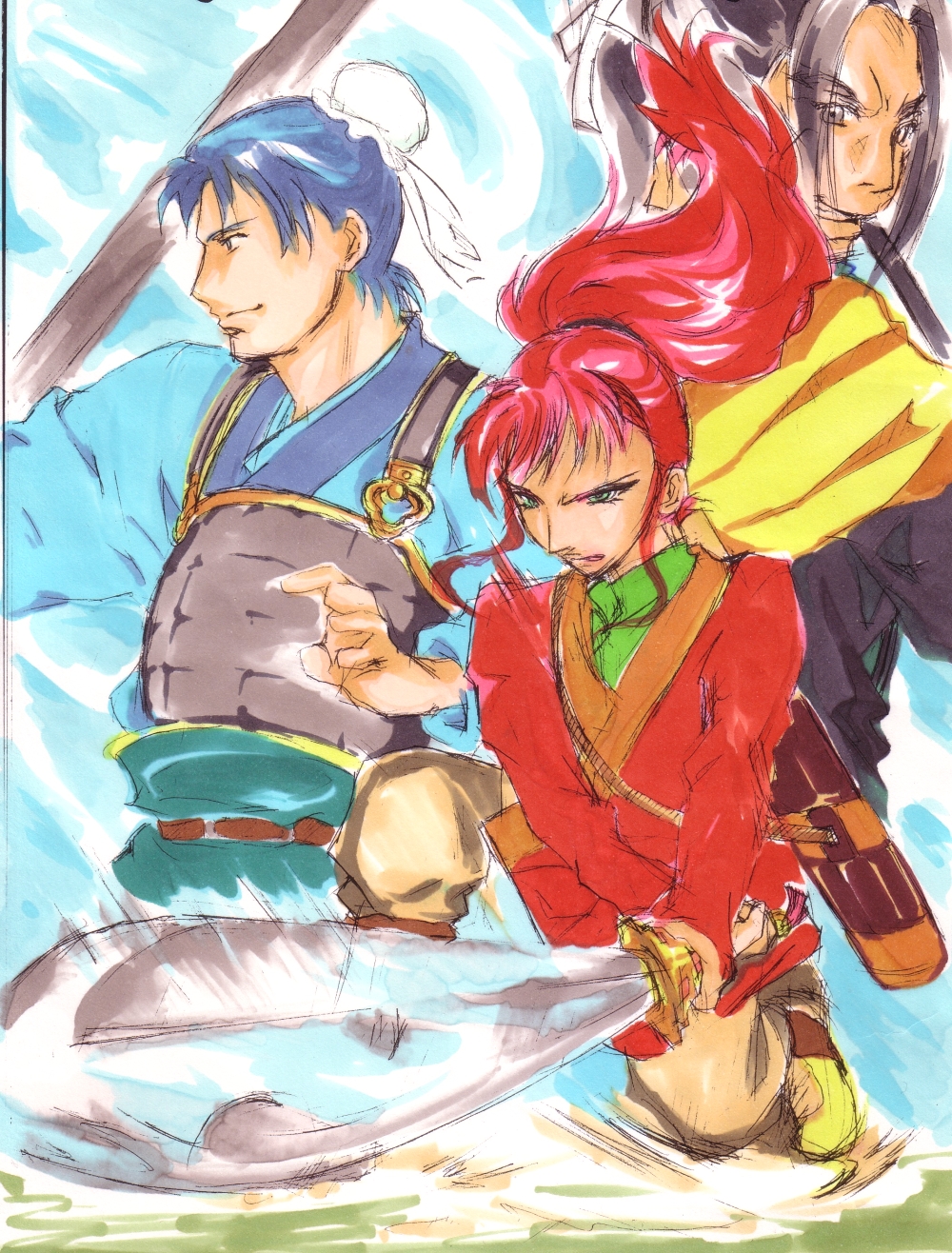 kantai (juuni kokuki), koshou (juuni kokuki), nakajima youko, juuni kokuki, highres, md5 mismatch, resolution mismatch, source larger, 1girl, 2boys, armor, blue hair, brown hair, green eyes, hair bun, multiple boys, polearm, red hair, single hair bun, sword, weapon