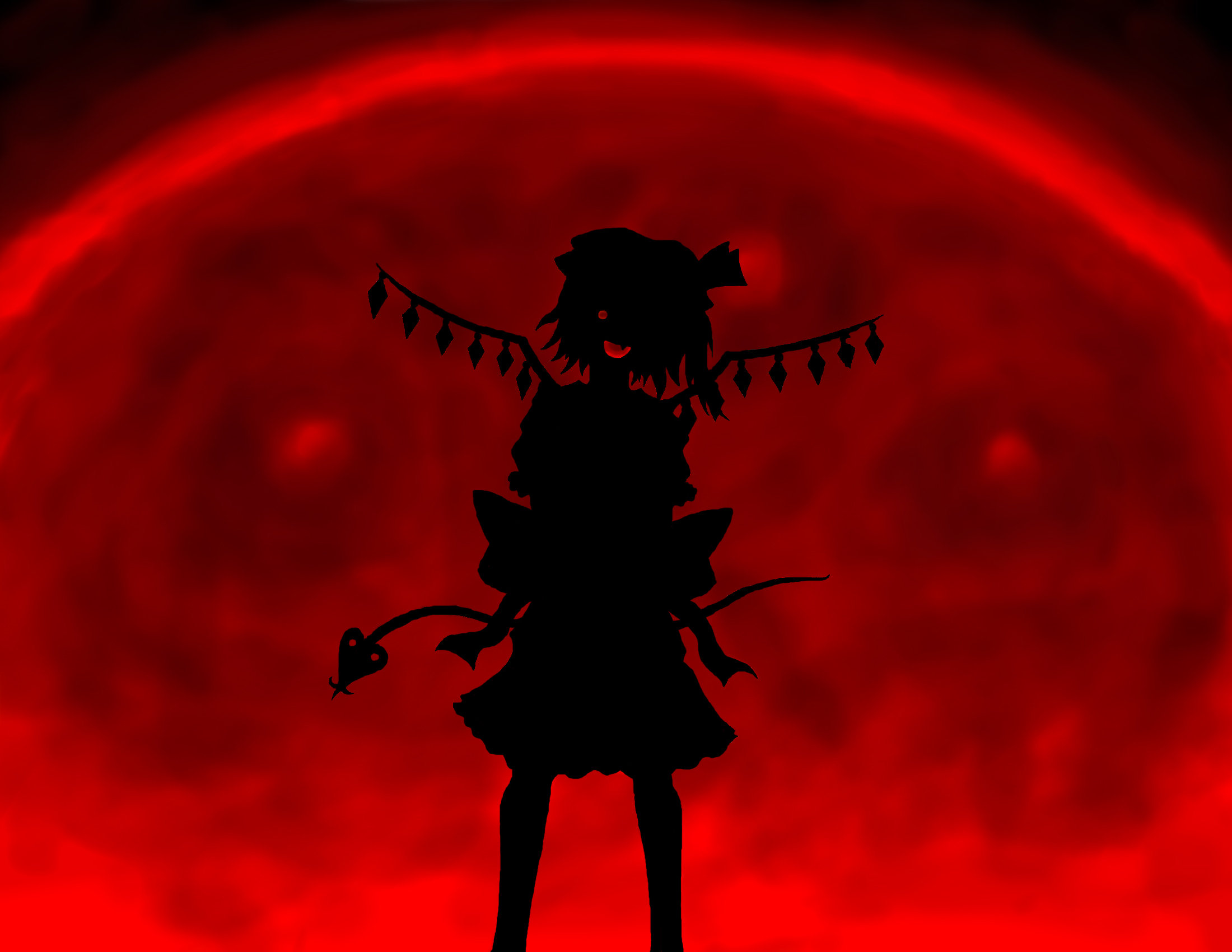 purewhitekirino, flandre scarlet, touhou, highres, 1girl, :d, bow, crazy eyes, crazy smile, dark, female focus, frills, hat, hat ribbon, laevatein, legs apart, moon, one eye covered, one side up, open mouth, red eyes, red moon, red theme, ribbon, silhouette, smile, solo, weapon, wings