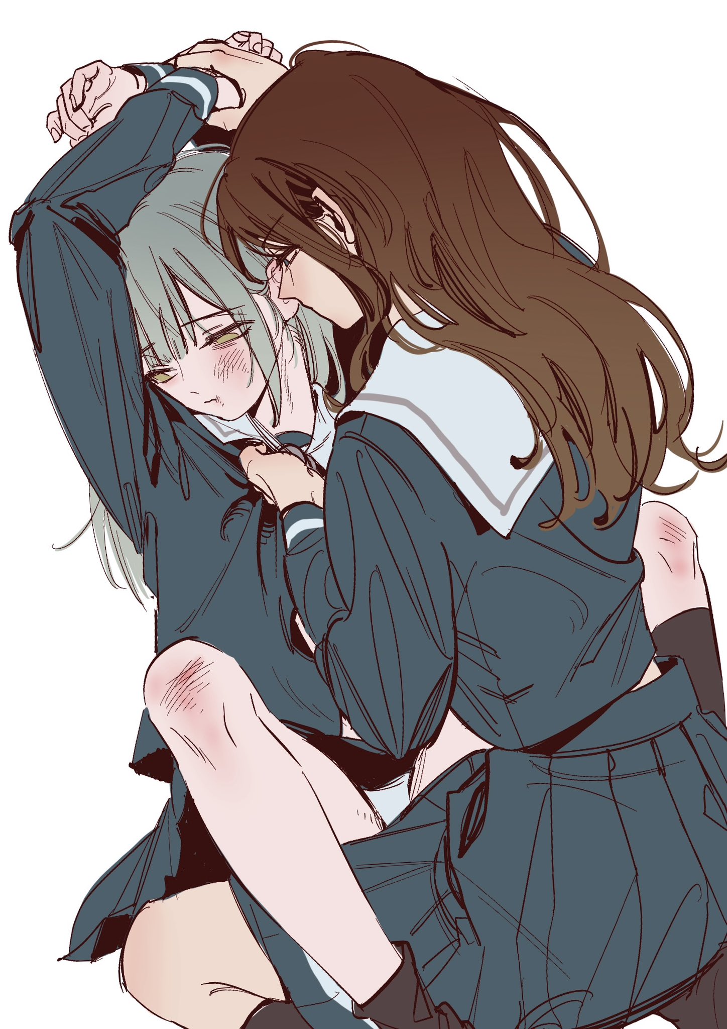 nagasaki soyo, wakaba mutsumi, bang dream!, bang dream! it's mygo!!!!!, highres, 12thfog, 2girls, between legs, black socks, blue shirt, blue skirt, blush, brown hair, closed mouth, clothes grab, green hair, long hair, multiple girls, pleated skirt, sailor collar, school uniform, shirt, shirt grab, simple background, skirt, socks, tsukinomori school uniform, white background, white sailor collar, yellow eyes, yuri