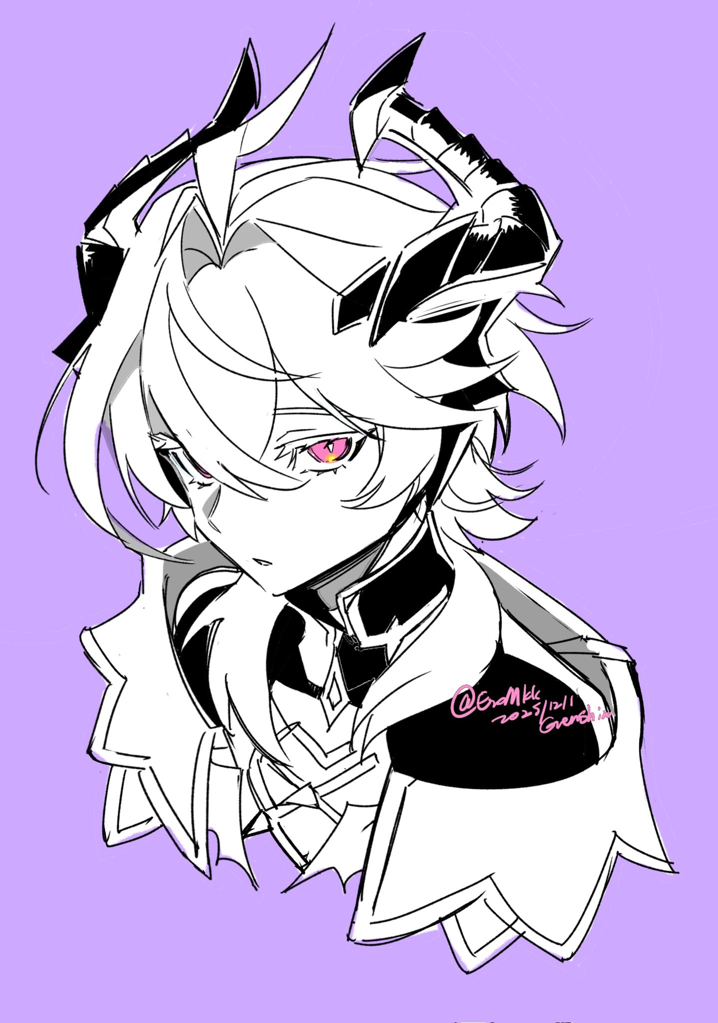 eromkk, mini durin (genshin impact), mini durin (human) (genshin impact), genshin impact, hashtag-only commentary, highres, 1boy, capelet, collared capelet, collared shirt, cropped shoulders, crossed bangs, dated, double-parted bangs, dragon boy, dragon horns, eyelashes, greyscale with colored background, horns, looking at viewer, male focus, parted lips, pink eyes, purple background, shirt, simple background, solo, twitter username