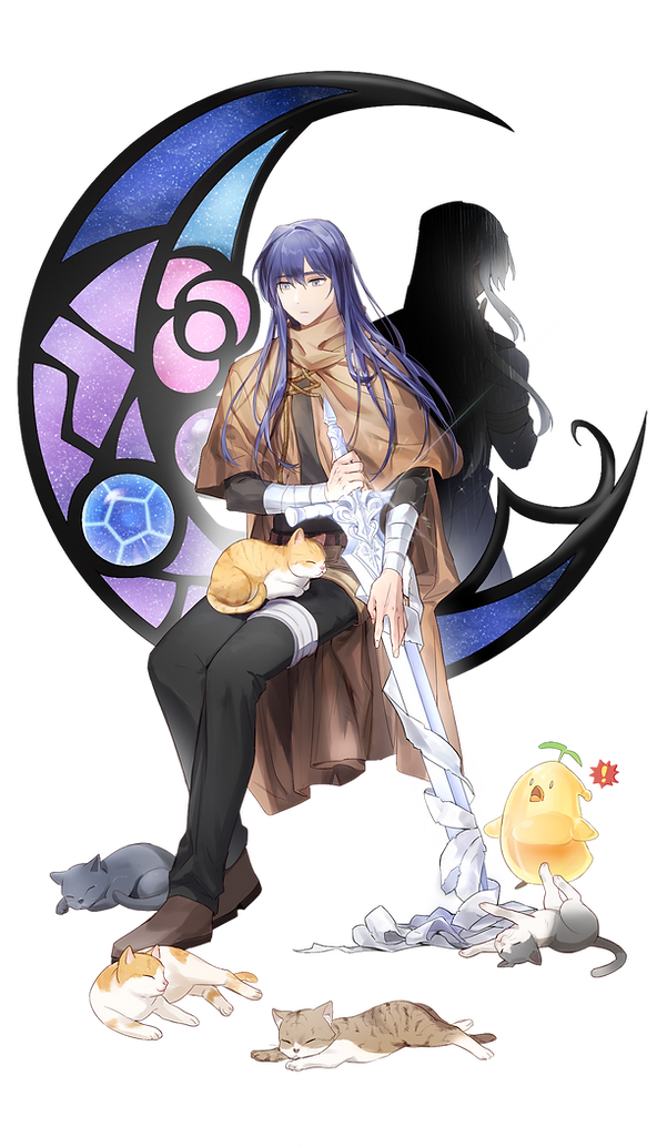 boris jinneman, nexon, tales weaver, second-party source, !, 1boy, arm strap, arm wrap, bandages, belt, belt buckle, black pants, black shirt, black sleeves, blue gemstone, blue hair, brown belt, brown cape, brown fur, brown shoes, buckle, cape, cat, closed mouth, crescent, cross-laced capelet, cross-laced clothes, crossed belts, expressionless, fingernails, full body, gem, glint, gloves, grey cat, grey eyes, grey fur, hair between eyes, holding, holding sword, holding weapon, jellyppi, leaf jellyppi, long hair, male focus, open mouth, orange fur, pants, runebora, shirt, shoes, silver legwear, simple background, sitting, slime (creature), straight hair, sword, three-quarter sleeves, transparent background, turtleneck, turtleneck capelet, weapon, white fur, yevgnen jineman