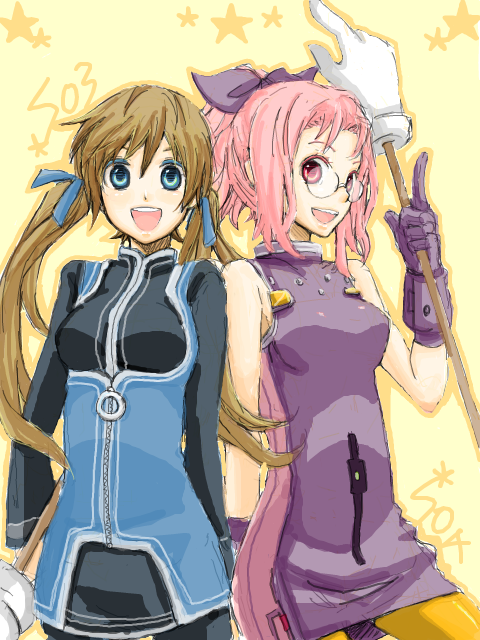 welch vineyard, star ocean, star ocean: the last hope, star ocean: till the end of time, artist request, source request, 2girls, blonde hair, blue eyes, blush, bodysuit, breasts, glasses, gloves, happy, in-franchise crossover, medium breasts, multiple girls, pantyhose, pink hair, red eyes, skirt, thighhighs, time paradox, twintails