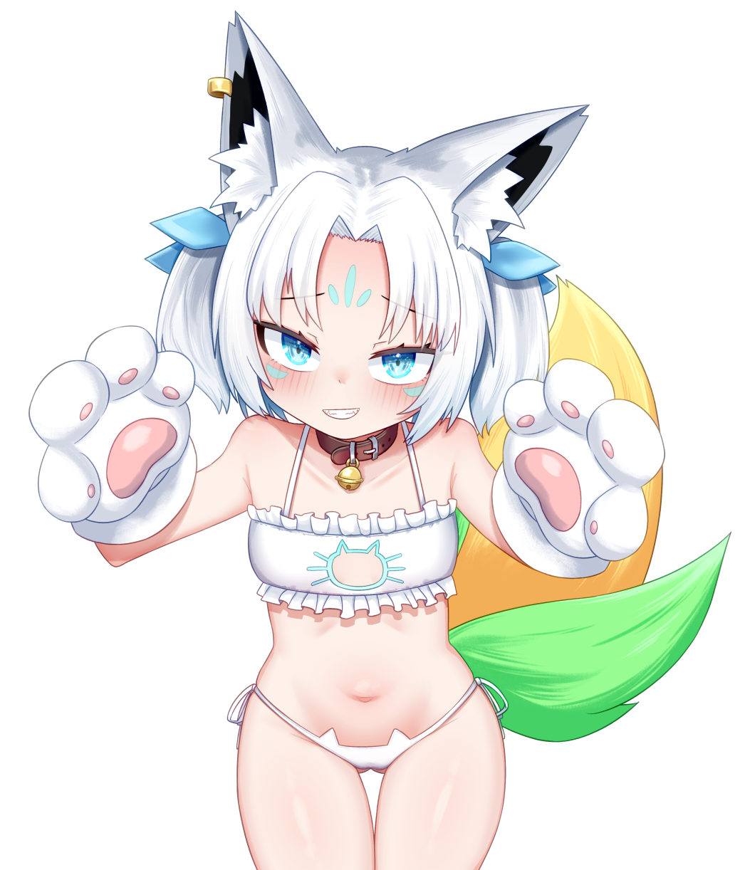 llxr18, sukonbu (shirakami fubuki), hololive, commentary, english commentary, highres, 1girl, animal ear fluff, animal ears, animal hands, bare shoulders, bell, blue eyes, bra, breasts, cat cutout, cleavage cutout, clothing cutout, collarbone, earrings, fang, fox ears, fox girl, fox tail, frilled bra, frills, gloves, hair ornament, jewelry, light blush, midriff, navel, neck bell, paw gloves, paw pose, simple background, small breasts, tail, teeth, twintails, underwear, white hair