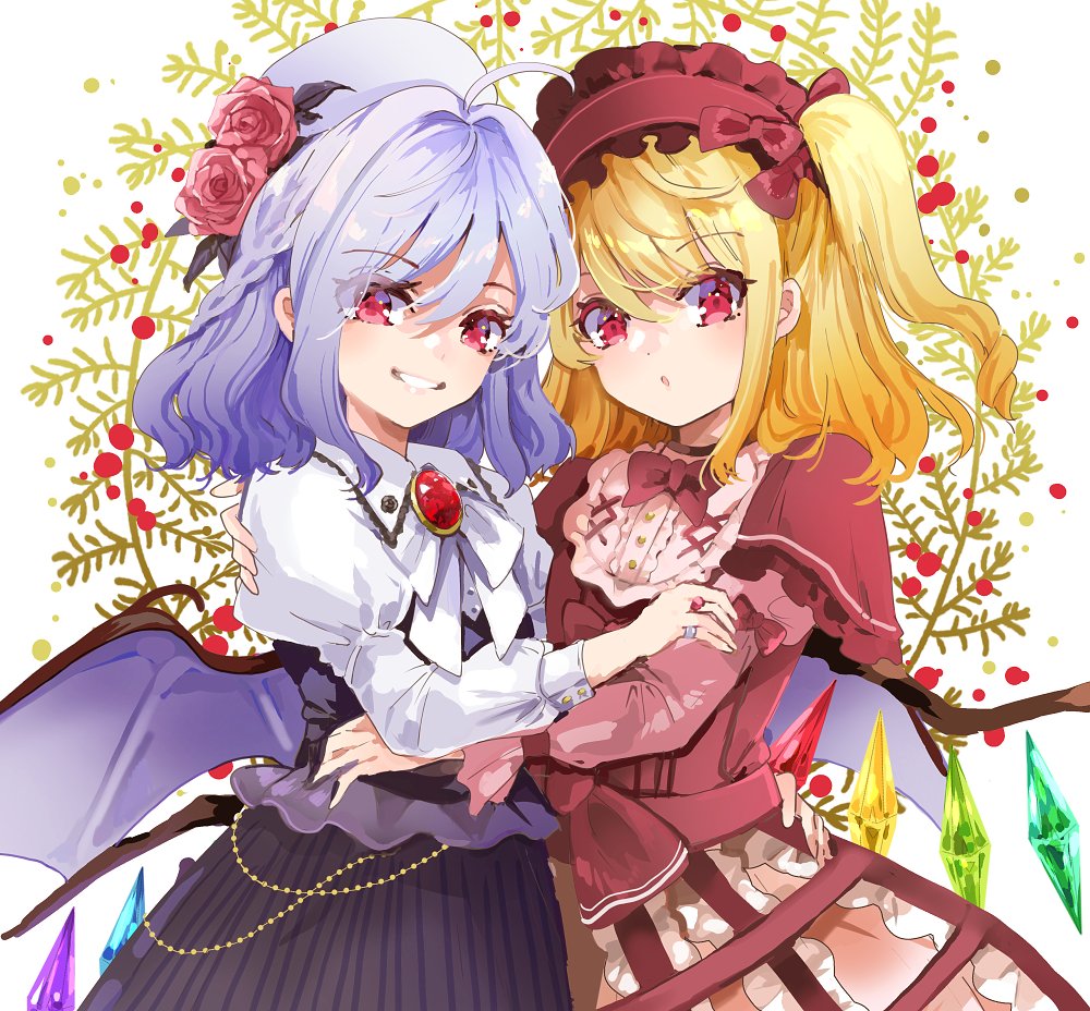 azuma aya, flandre scarlet, remilia scarlet, touhou, commentary, symbol-only commentary, 2girls, ahoge, alternate costume, bat wings, black dress, blonde hair, bow, bowtie, brooch, capelet, crystal wings, dress, flower, flower in hat, frilled hairband, frills, hairband, hat, high side ponytail, hug, jewelry, juliet sleeves, long sleeves, multiple girls, puffy sleeves, purple hair, purple hat, red bow, red bowtie, red capelet, red eyes, red hairband, red shirt, ring, rose, shirt, siblings, sisters, skirt cutout, smile, victorian, white shirt, wings