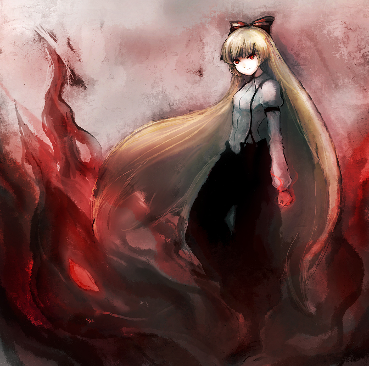 tsukun (pixiv), tsukuru (seki sabato), fujiwara no mokou, touhou, silver hair, highres, 1girl, dress shirt, female focus, fire, hair ribbon, long hair, orange eyes, pants, ribbon, shirt, smile, solo, suspenders, white shirt