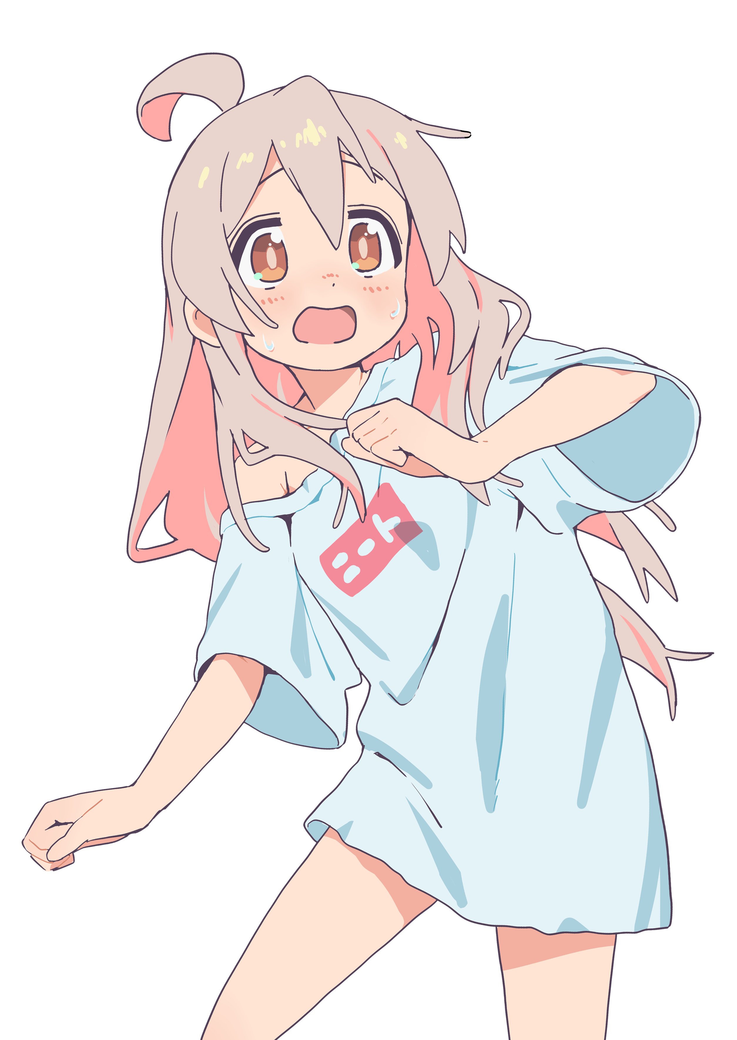 kicchi (tmgk), oyama mahiro, onii-chan wa oshimai!, absurdres, commentary, highres, 1girl, ahoge, bare arms, blush, brown eyes, colored inner hair, cowboy shot, grey hair, hair between eyes, long hair, multicolored hair, no pants, open mouth, oversized clothes, oversized shirt, pink hair, shirt, short sleeves, simple background, single bare shoulder, single off shoulder, solo, surprised, t-shirt, two-tone hair, white background, white shirt