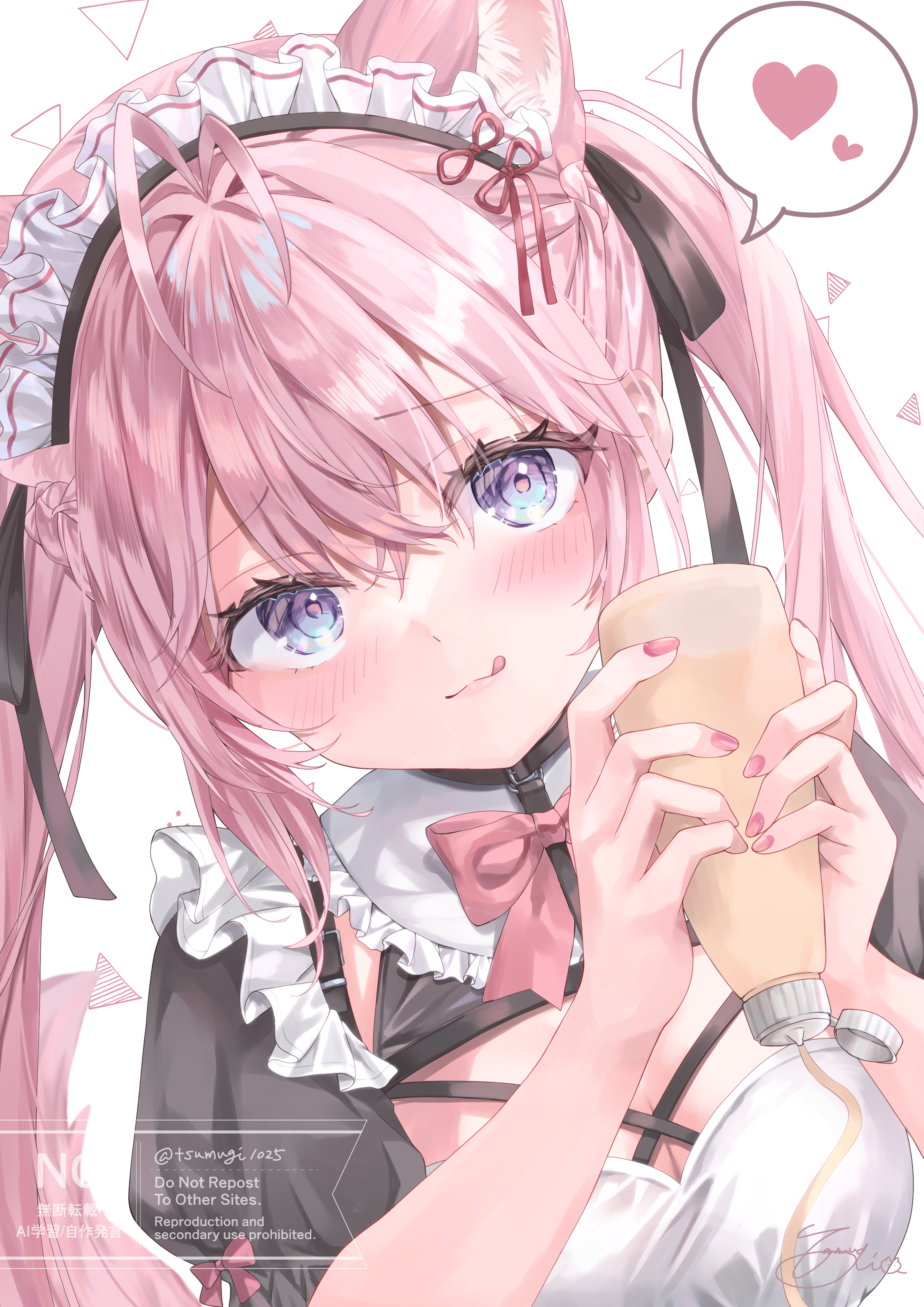 tsumugi-t, hakui koyori, hakui koyori (dark maid), hololive, absurdres, commentary request, highres, 1girl, :3, :q, animal ear fluff, animal ears, antenna hair, black ribbon, blue eyes, blush, bottle, bow, bowtie, breasts, cleavage, closed mouth, dutch angle, extra ears, eyelashes, eyes visible through hair, frilled shirt collar, frills, furrowed brow, hair between eyes, hair ribbon, hands up, heart, holding, holding bottle, lips, long hair, looking at viewer, maid, maid headdress, medium breasts, nail polish, official alternate costume, pink bow, pink bowtie, pink hair, pink nails, puffy short sleeves, puffy sleeves, ribbon, short sleeves, sidelocks, signature, simple background, sleeve bow, smile, solo, speech bubble, split mouth, spoken heart, tongue, tongue out, twintails, upper body, very long hair, virtual youtuber, watermark, white background, wolf ears, wolf girl