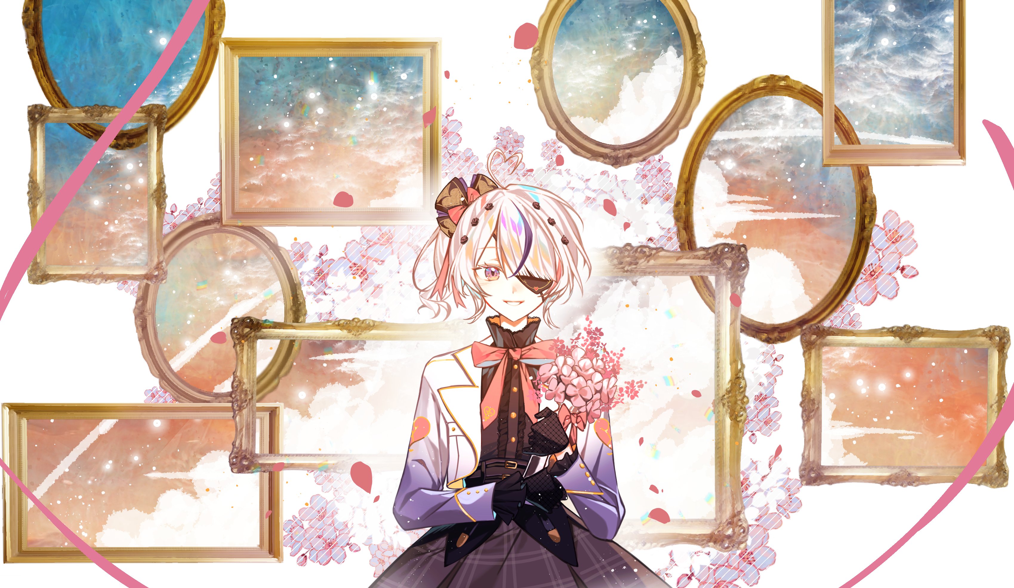 chapret10, maria marionette, maria marionette (1st costume), nijisanji, nijisanji en, absurdres, commentary request, highres, 1girl, ahoge, black gloves, bouquet, fishnet gloves, fishnets, flower, gloves, heart, heart ahoge, holding, holding bouquet, looking at viewer, multicolored hair, painterly, painting (object), pink eyes, pink hair, purple hair, side ponytail, smile, solo, streaked hair, virtual youtuber