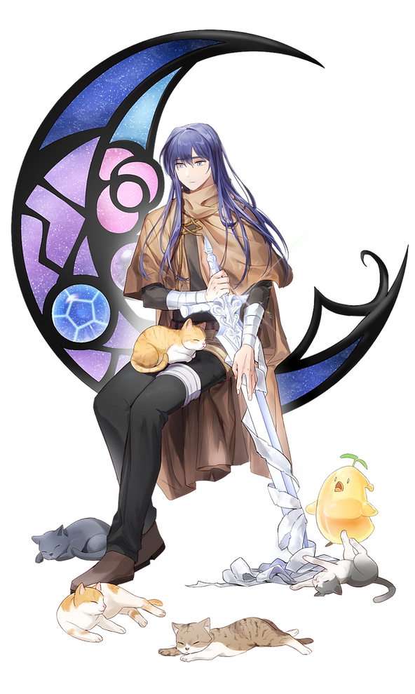 boris jinneman, nexon, tales weaver, second-party source, !, 1boy, arm wrap, bandages, belt, belt buckle, black pants, black shirt, black sleeves, blue gemstone, blue hair, brown belt, brown cape, brown fur, brown shoes, buckle, cape, cat, closed mouth, crescent, cross-laced capelet, cross-laced clothes, crossed belts, expressionless, fingernails, full body, gem, glint, gloves, grey cat, grey eyes, grey fur, hair between eyes, holding, holding sword, holding weapon, jellyppi, leaf jellyppi, long hair, male focus, open mouth, orange fur, pants, runebora, shirt, shoes, silver legwear, simple background, sitting, slime (creature), straight hair, striped fur, sword, three-quarter sleeves, transparent background, turtleneck, turtleneck capelet, weapon, white fur