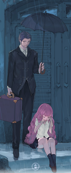 toro (konirio), 1boy, 1girl, crying, long hair, pink hair, rain, skirt, socks, umbrella, very long hair