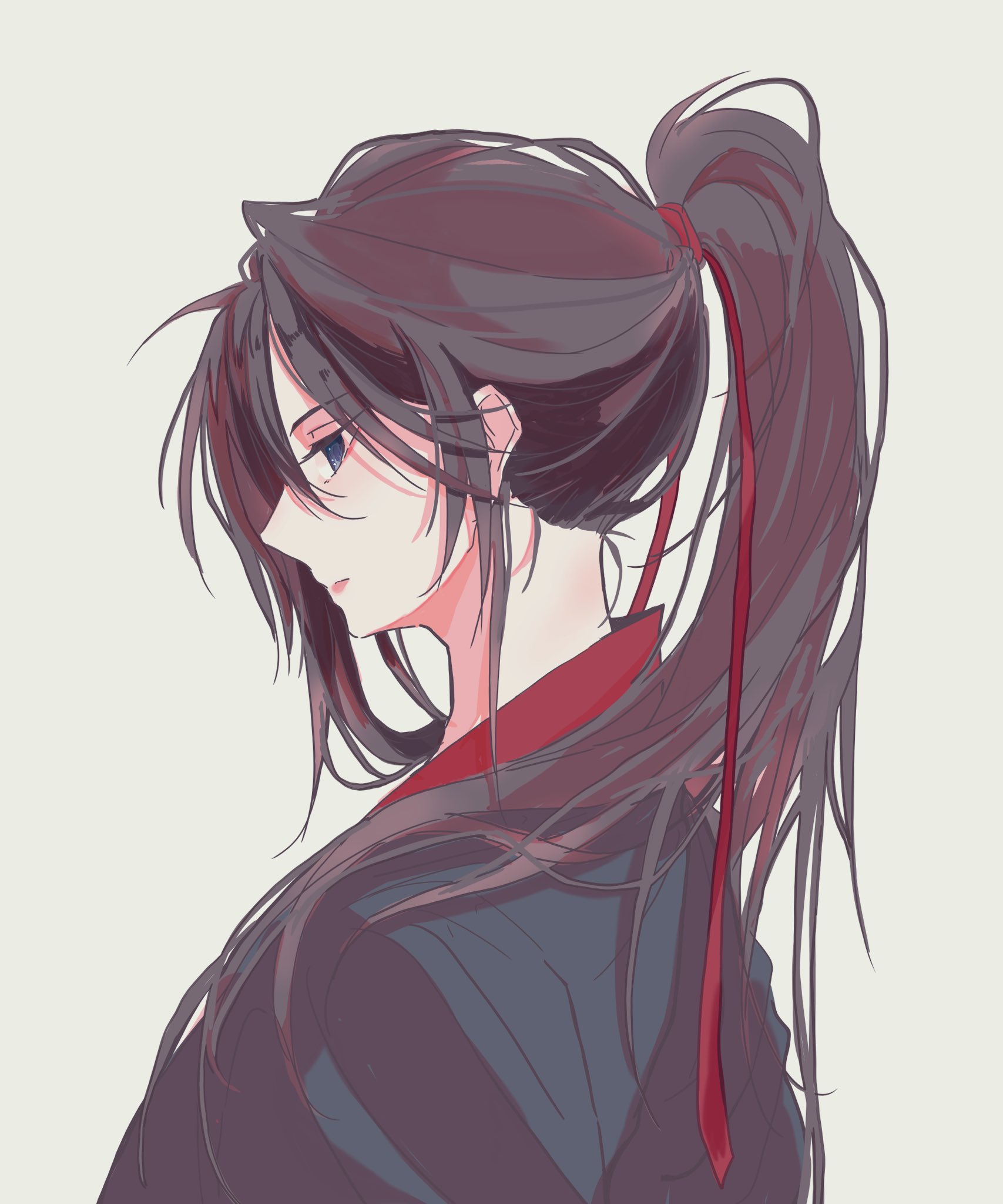 wei wuxian, modao zushi, commentary request, highres, 1boy, androgynous, bishounen, black hair, black hanfu, blue eyes, chinese clothes, grey background, hair ribbon, hanfu, k a k, long hair, looking at viewer, male focus, ponytail, profile, red ribbon, ribbon, sidelocks, simple background, solo, upper body