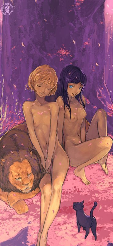 toro (konirio), original, 2girls, barefoot, cat, cherry blossoms, feet, flat chest, legs, lion, multiple girls, nude, petals, smile