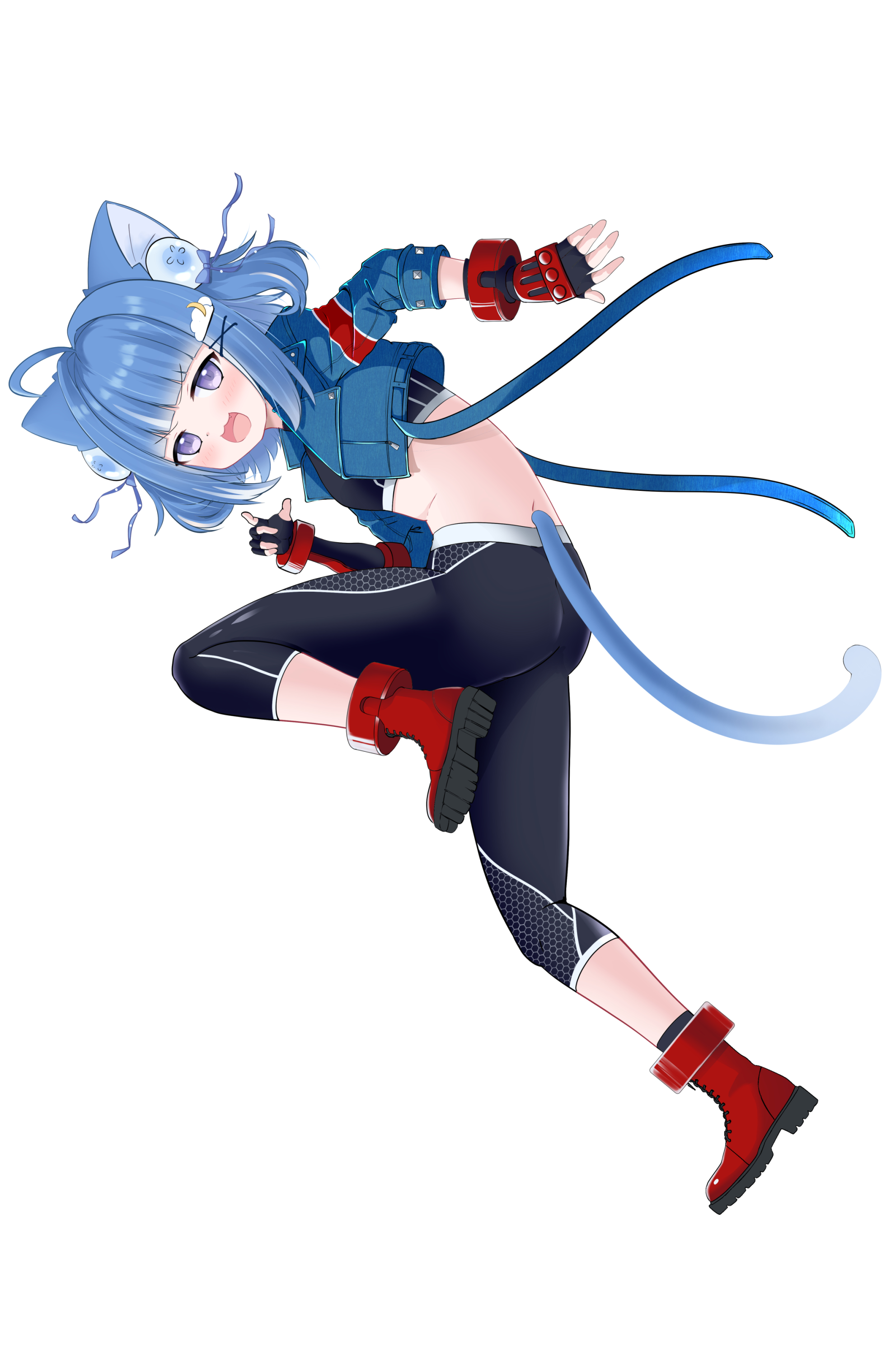 yappy (yapis company), cammy white, kurageu roa, indie virtual youtuber, street fighter, street fighter 6, absurdres, commentary request, highres, 1girl, :3, :d, ahoge, animal ears, ass, black bra, black gloves, black leggings, blue hair, blue jacket, blunt bangs, blush, bra, cammy white (cosplay), cat ears, cat girl, cat tail, cloud hair ornament, cosplay, cropped jacket, denim, denim jacket, fingerless gloves, full body, gloves, hair intakes, hair ornament, jacket, leg up, leggings, long sleeves, looking at viewer, open mouth, outline, purple eyes, red shorts, short hair, shorts, simple background, smile, solo, standing, standing on one leg, tail, twisted torso, underwear, white background, x hair ornament