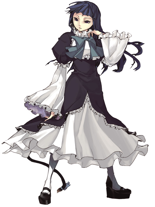frederica bernkastel, higurashi no naku koro ni, umineko no naku koro ni, 00s, blue hair, cat tail, dress, frills, long hair, ribbon, solo, tail