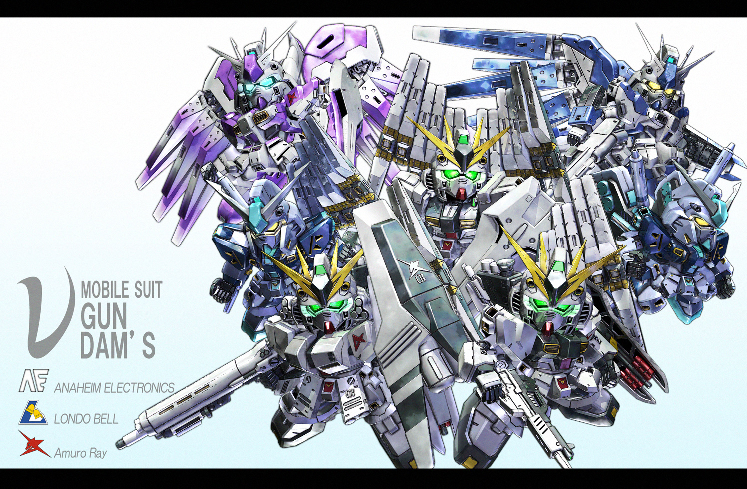 a mituhashi, hi-nu gundam, nu gundam, nu gundam double fin funnel type, nu gundam hws, nu gundam mp type, char's counterattack, char's counterattack – beltorchika's children, gundam, gundam msv, gundam reon, sd gundam, 3d, beam rifle, chibi, energy gun, everyone, gun, mecha, no humans, robot, shield, weapon
