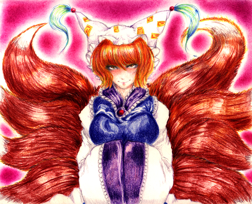 okunin, yakumo ran, touhou, bad id, bad pixiv id, traditional media, watercolor pencil (medium), 1girl, animal hat, blonde hair, female focus, fox tail, hands in opposite sleeves, hat, long sleeves, looking at viewer, mob cap, multiple tails, red background, short hair, smile, solo, tail, tassel, wide sleeves, yellow eyes