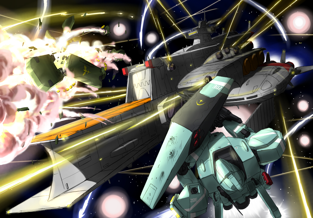inyucchi, clop, geara doga, jegan, char's counterattack, gundam, battle, battleship, beam rifle, damaged, energy gun, explosion, gun, mecha, military, military vehicle, no humans, robot, shield, ship, space, warship, watercraft, weapon