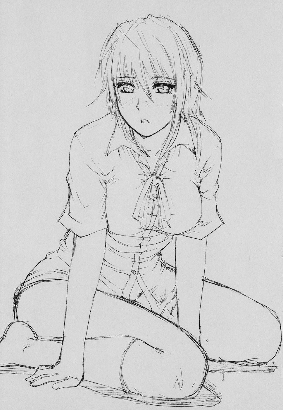 drawing, highres, 1girl, breasts, female focus, lineart, monochrome, short hair, shy, sketch, socks, solo