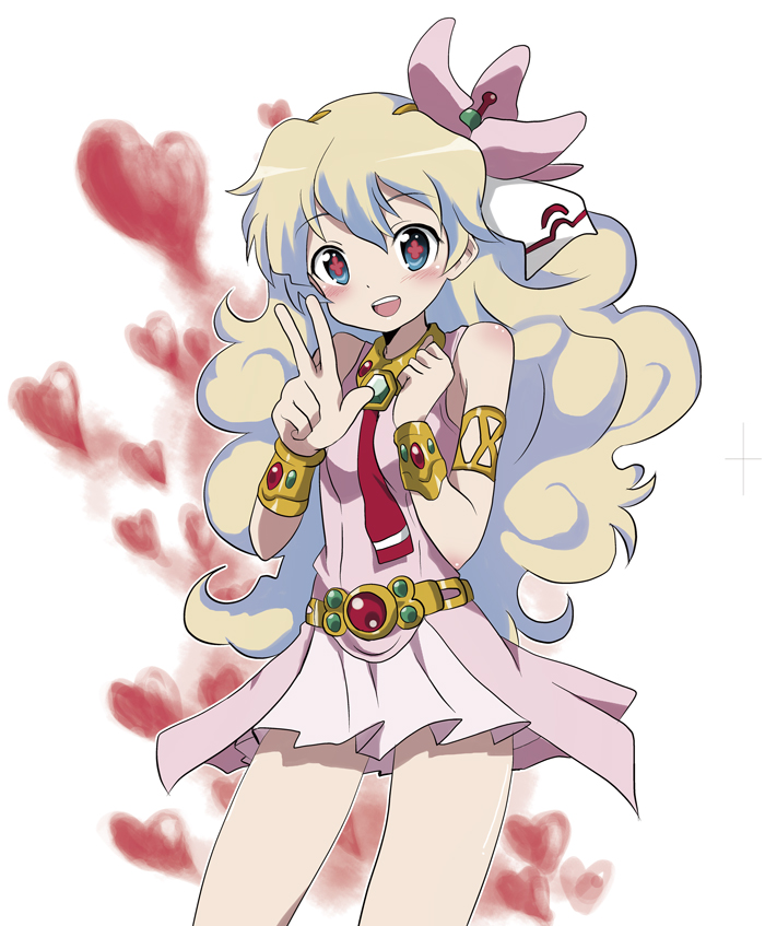 massala, nia teppelin, tengen toppa gurren lagann, bad id, bad pixiv id, + +, 00s, cross-shaped pupils, dress, flower, hair flower, hair ornament, happy, heart, jewelry, multicolored hair, necktie, ribbon, smile, solo, square-end necktie, symbol-shaped pupils