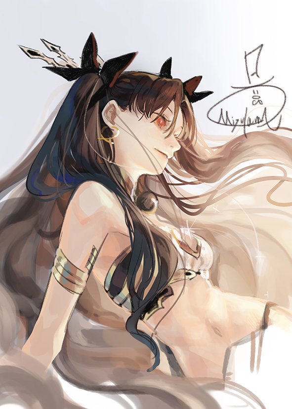 mizutame tori, ishtar (fate), fate/grand order, fate (series), gold armlet, unfinished, 1girl, arm at side, armlet, artist name, bare arms, bare shoulders, bikini, black gemstone, black hair, black panties, black ribbon, black tiara, blunt bangs, bra, breasts, cleavage, closed mouth, curtained hair, earrings, floating hair, flying, gem, glint, gloves, gold, gold earrings, gold tiara, gold trim, hair ribbon, hoop earrings, jewelry, long hair, looking ahead, medium breasts, mismatched bikini, navel, neck ring, nose, pale skin, panties, parted bangs, pink lips, raised eyebrows, red eyes, ribbon, signature, simple background, solo, stomach, straight hair, swimsuit, tiara, twintails, two-tone tiara, two side up, underwear, upper body, very long hair, white background, white bra