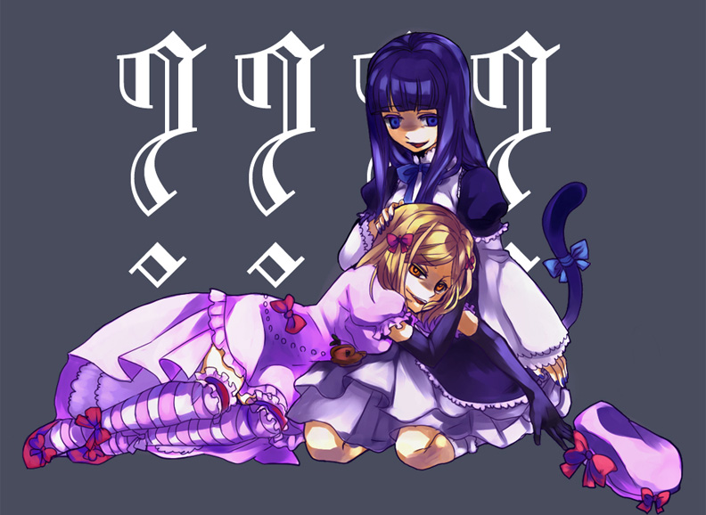 nanamura, frederica bernkastel, lambdadelta, higurashi no naku koro ni, umineko no naku koro ni, striped legwear, 00s, 2girls, ?, blue hair, cat tail, dress, flower, frills, gloves, hair flower, hair ornament, hat, long hair, multiple girls, purple eyes, ribbon, socks, striped clothes, striped thighhighs, tail, thighhighs