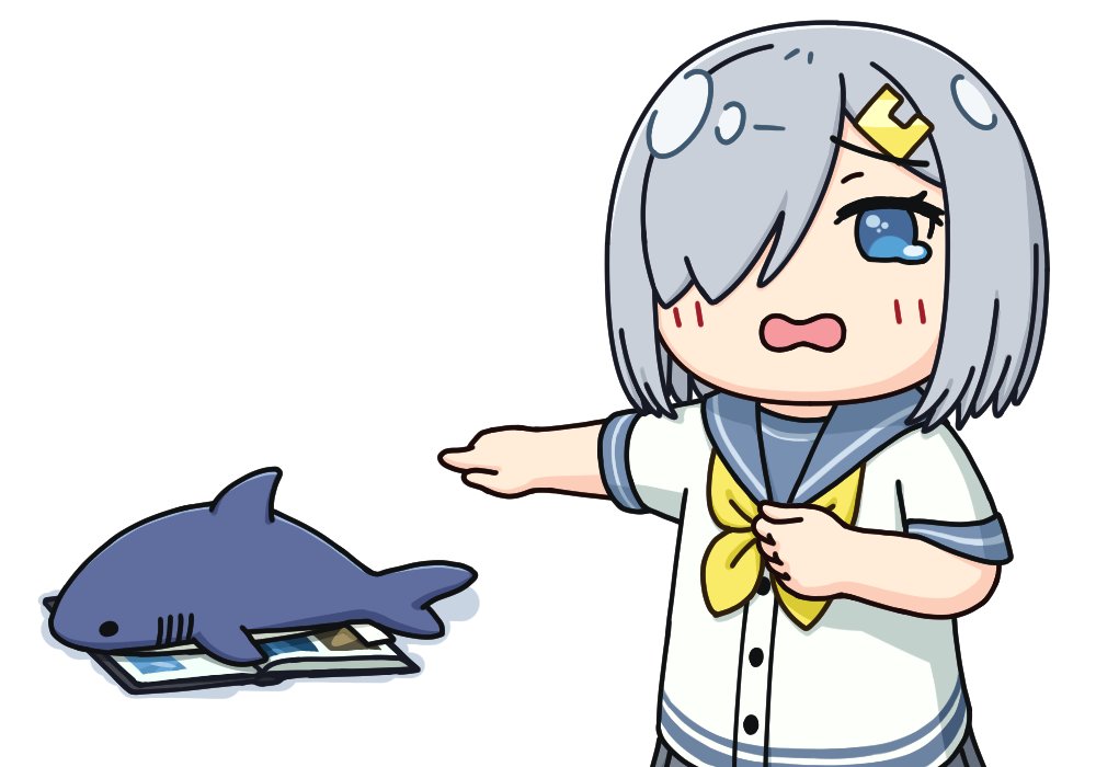 hama! (3toshinhmkz), hamakaze (kancolle), kantai collection, commentary request, blue eyes, book, grey hair, grey sailor collar, hair ornament, hair over one eye, hairclip, neckerchief, no nose, sailor collar, school uniform, serafuku, short hair, simple background, stuffed animal, stuffed shark, stuffed toy, tears, white background, yellow neckerchief