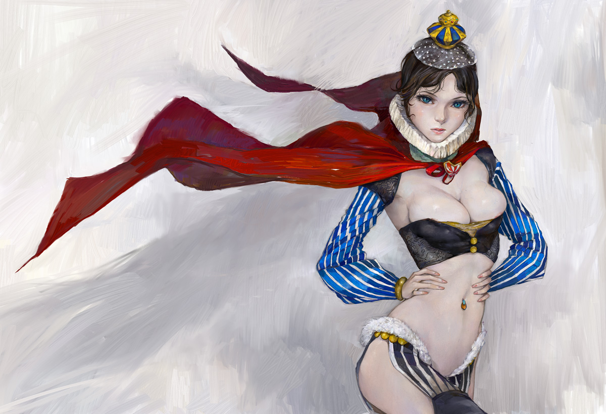 amatiz, original, 1girl, breasts, brown hair, cape, cleavage, collar, crown, female focus, hands on own hips, lipstick, makeup, navel, navel piercing, neck ruff, nose, piercing, realistic, short hair, solo, wind