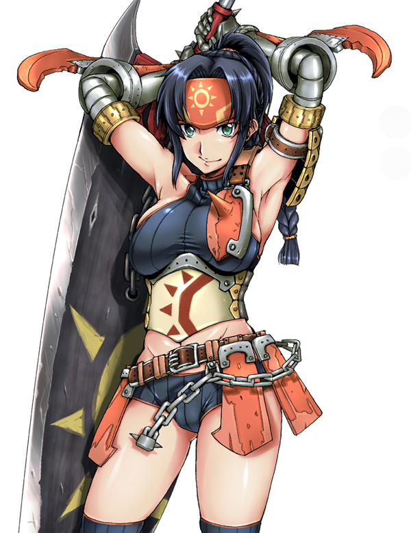 kiricha, kuroobi (one piece), capcom, monster hunter (series), striped, 1girl, aqua eyes, armband, armor, armpits, arms behind head, arms up, asymmetrical clothes, bare shoulders, belt, black hair, braid, breasts, chain, crop top, elbow gloves, female focus, forehead protector, gauntlets, gloves, green eyes, headband, holding, huge weapon, kuroobi (armor), large breasts, long hair, looking at viewer, micro shorts, midriff, navel, no bra, panties, parted bangs, ponytail, shirt, shorts, sideboob, single braid, sleeveless, sleeveless turtleneck, smile, solo, spikes, strap, sword, taut clothes, taut shirt, thighhighs, thighs, turtleneck, underwear, weapon, wide hips