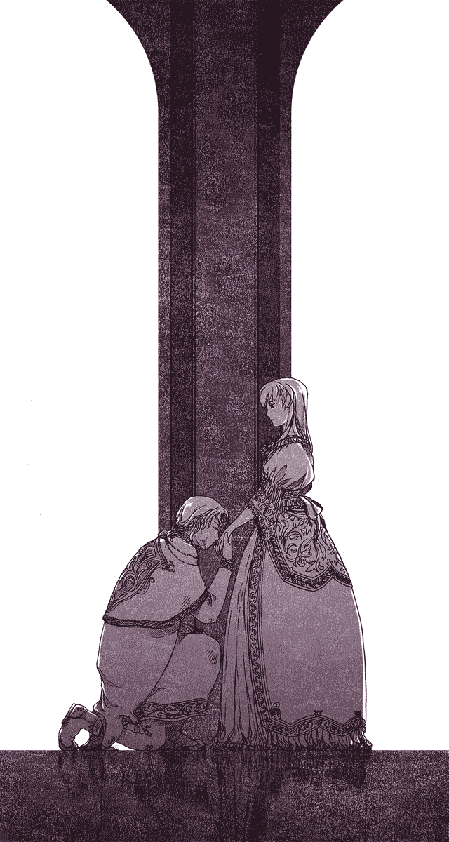 taichi17, watari taichi, leon (vocaloid), megurine luka, vocaloid, highres, 1boy, 1girl, beard stubble, boots, dress, facial hair, from side, kissing hand, kneeling, long hair, medieval, monochrome, on one knee, ponytail, purple theme, simple background, standing, stubble, white background