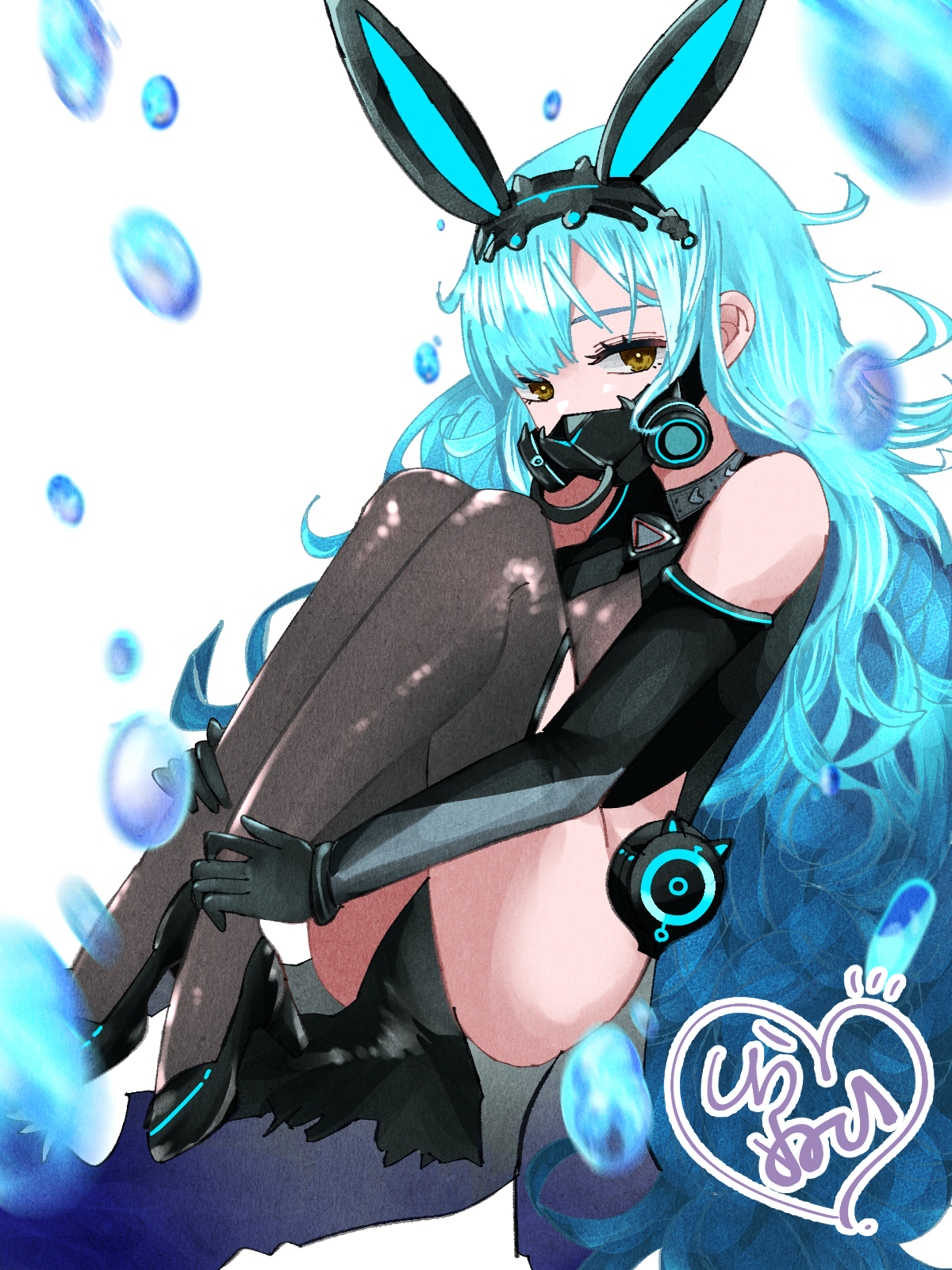 shiranuinuiko, boise (azur lane), azur lane, commentary request, highres, 1girl, animal ears, black gloves, black shoes, black thighhighs, blue hair, boise (meta) (azur lane), bubble, elbow gloves, fake animal ears, gloves, knees up, long hair, looking at viewer, oxygen mask, pelvic curtain, rabbit ears, shoes, signature, simple background, solo, thighhighs, white background, yellow eyes