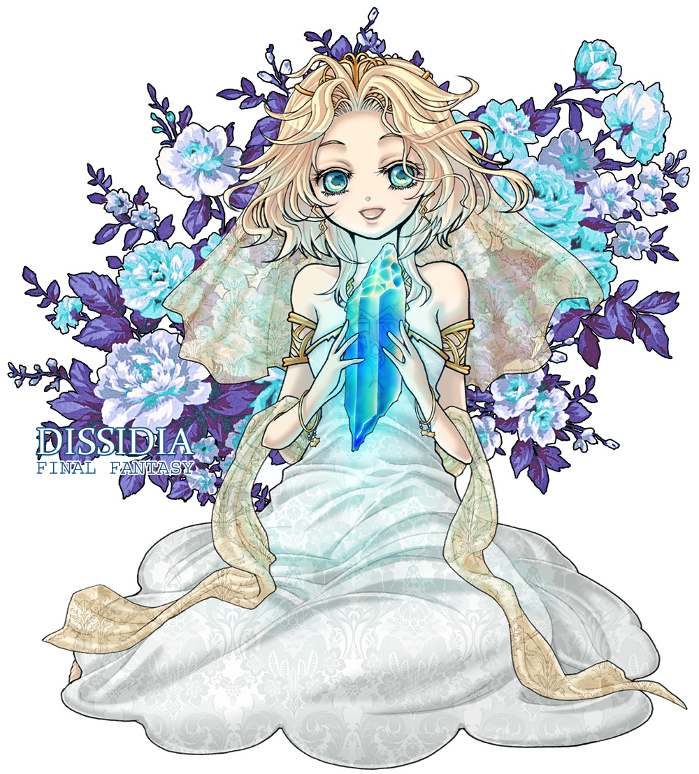 tsutsuji maki, cosmos (dff), dissidia final fantasy, final fantasy, armband, blonde hair, blue eyes, crystal, dress, flower, long hair