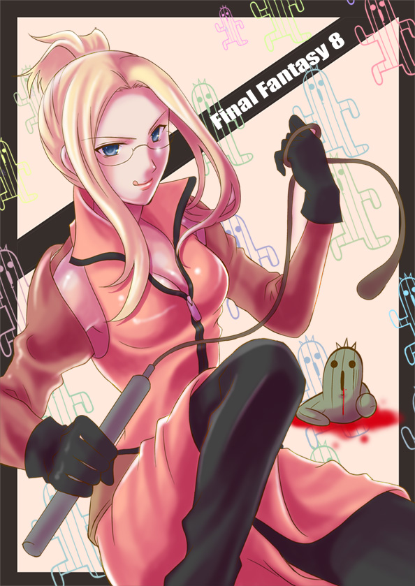 mako (lovely panda house), quistis trepe, sabotender, final fantasy, final fantasy viii, bad id, bad pixiv id, 1990s (style), 1girl, :p, blonde hair, blood, blue eyes, breasts, cactus, cleavage, female focus, glasses, gloves, long hair, retro artstyle, skirt, solo, tongue, tongue out, whip