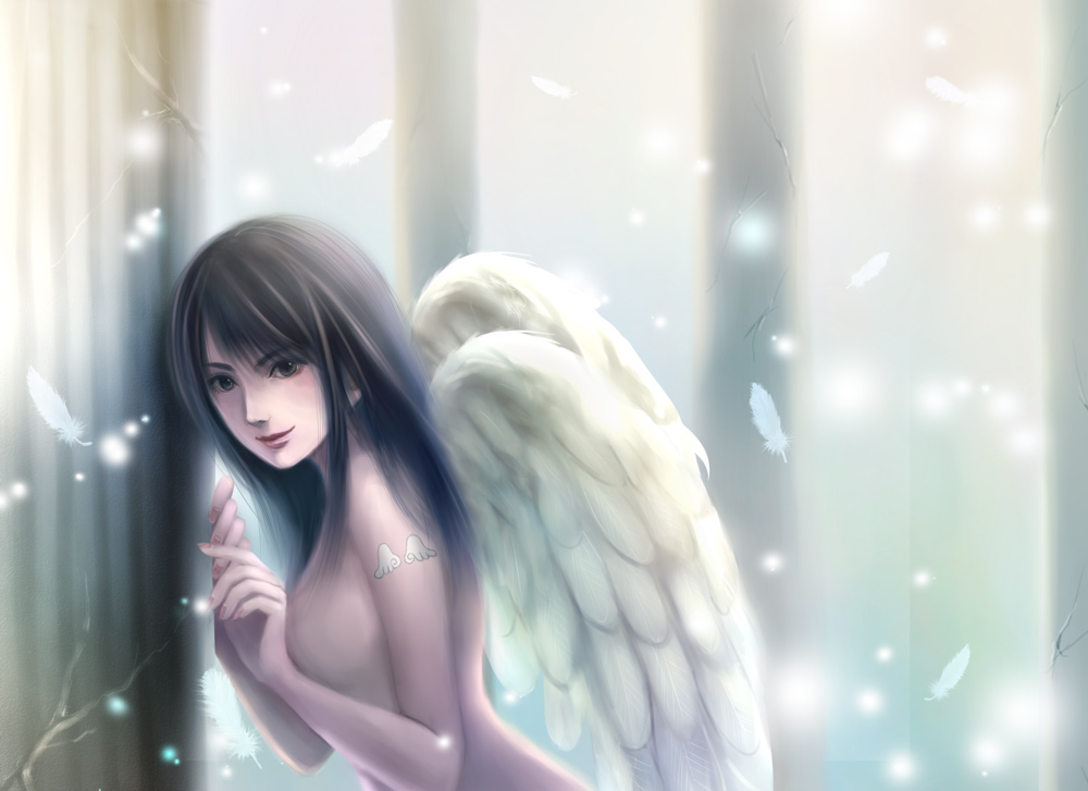 reina (artist), rinoa heartilly, final fantasy, final fantasy viii, 1990s (style), angel wings, black hair, feathers, grey eyes, long hair, tattoo, wings