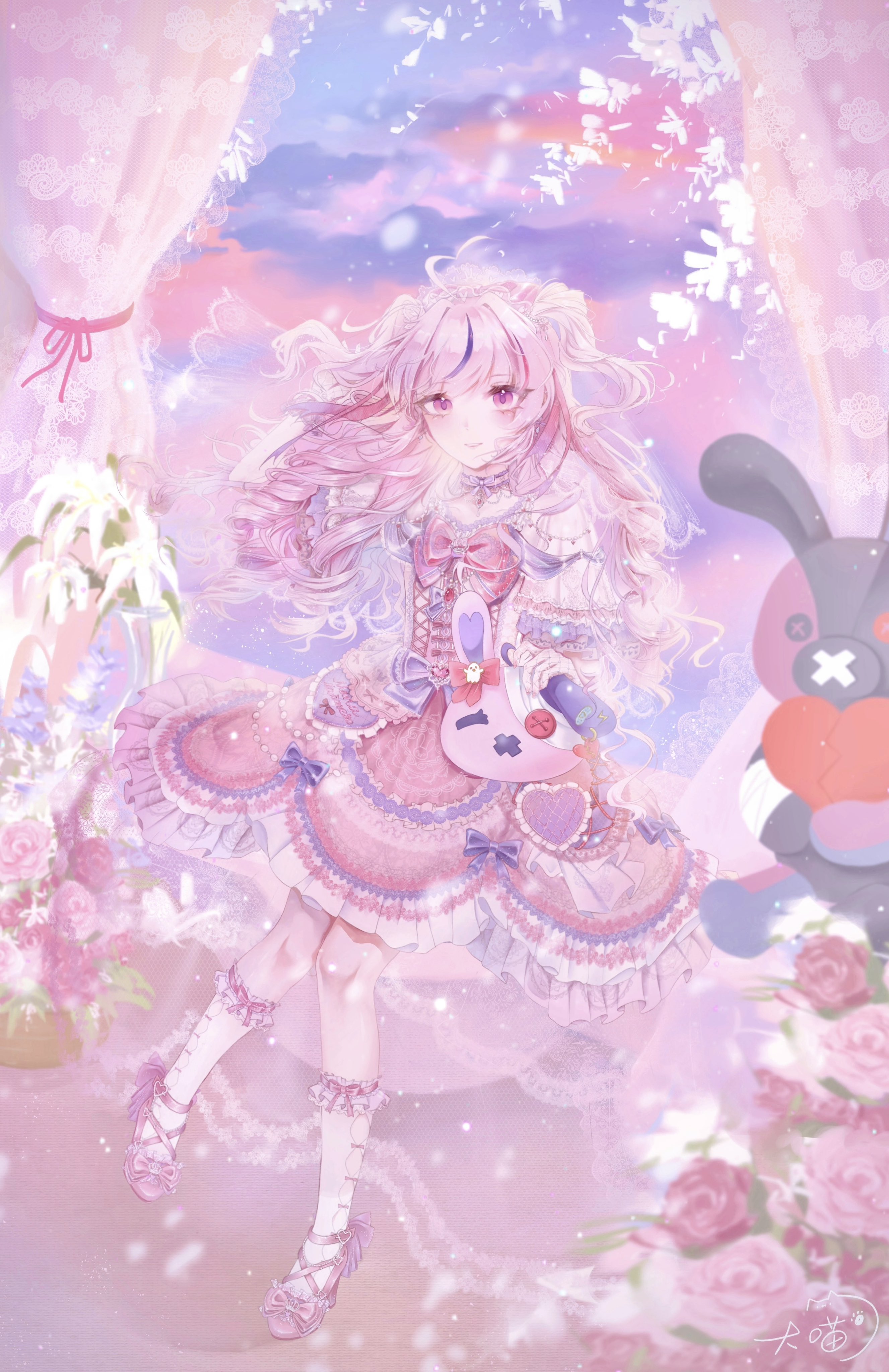 maria marionette, marippet (maria marionette), sir ventrilo (maria marionette), nijisanji, nijisanji en, absurdres, chinese commentary, commentary request, highres, 1girl, ahoge, artist name, blush, bow, choker, damiaodamiao7, dress, flat chest, flower, footwear bow, full body, heart, heart ahoge, kneehighs, lace, lace choker, light smile, long hair, looking at viewer, multicolored hair, pink dress, pink eyes, pink flower, pink hair, pink rose, purple hair, rose, signature, sitting, socks, streaked hair, virtual youtuber