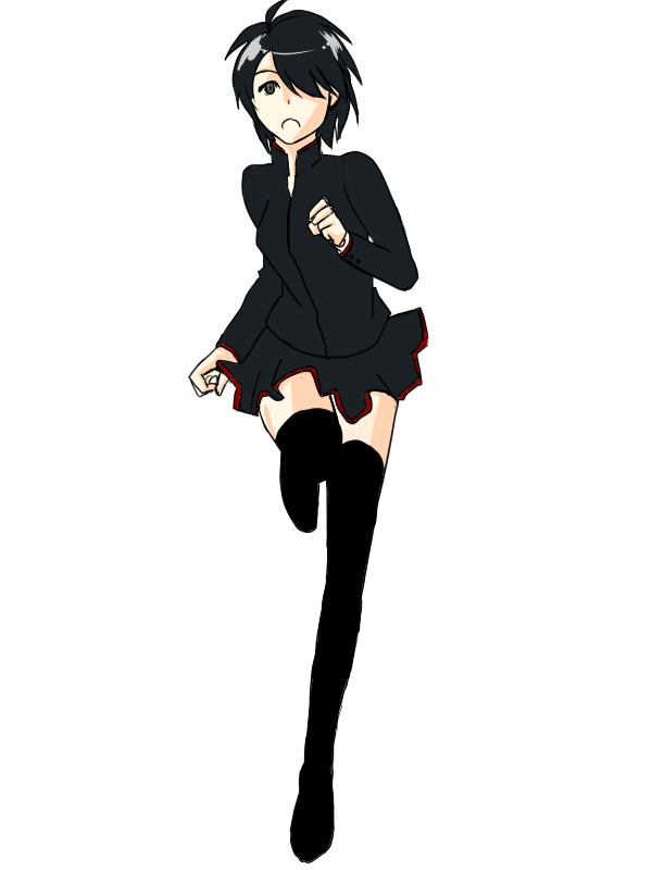 araragi koyomi, bakemonogatari, monogatari (series), artist request, gender request, source request, 00s, 1girl, alternate costume, black eyes, black hair, female focus, genderswap, hair over one eye, legs, running, school uniform, short hair, skirt, solo, thighhighs