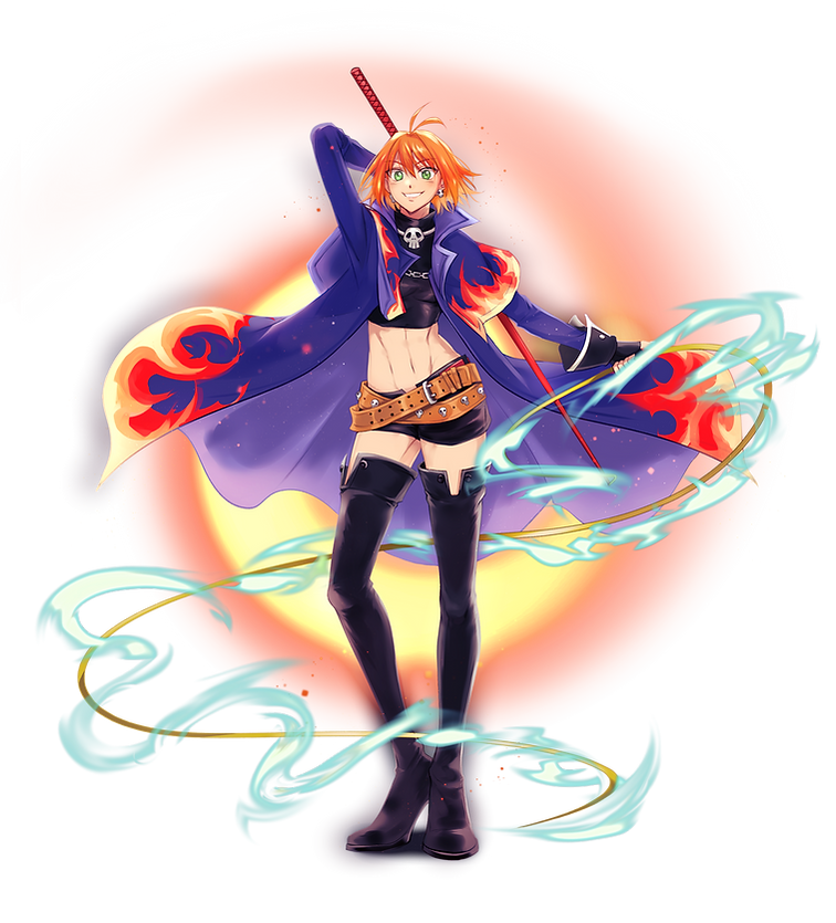 mila nebraska, nexon, tales weaver, alpha transparency, second-party source, 1girl, antenna hair, belt, belt buckle, belted shorts, black gloves, black shorts, blue capelet, blue coat, blue sleeves, boots, breasts, brown belt, buckle, capelet, coat, collared capelet, crop top, cropped shirt, crossed belts, eyelashes, fingerless gloves, flame print, full body, gloves, green eyes, grin, high collar, holding, holding behind back, holding sword, holding weapon, holding weapon behind back, holding whip, jewelry, katana, knife, lapels, large breasts, light particles, long sleeves, looking to the side, midriff, navel, necklace, orange hair, parted lips, print capelet, red belt, shirt, short hair, shorts, simple background, skinny, skull necklace, skull ornament, sleeve cuffs, sleeveless, sleeveless shirt, smile, solo, standing, straight hair, sword, thigh boots, transparent background, turtleneck, turtleneck shirt, weapon, yusarang tale