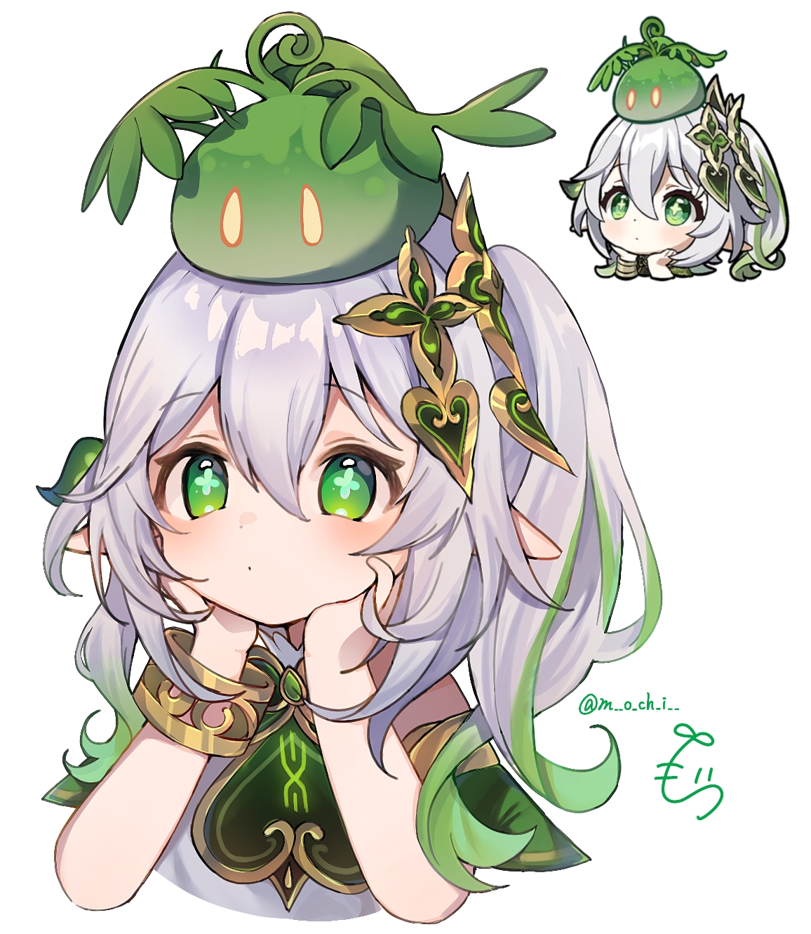 m o ch i, dendro slime (genshin impact), nahida (genshin impact), slime (genshin impact), genshin impact, commentary, highres, 1girl, animal, animal on head, bare shoulders, bracelet, cropped torso, genshin impact sticker redraw (meme), gold trim, gradient hair, green eyes, green hair, hair between eyes, head rest, jewelry, light blush, long hair, looking up, meme, multicolored hair, official art inset, on head, pointy ears, reference inset, side ponytail, signature, simple background, sleeveless, symbol-shaped pupils, twitter username, white background, white hair