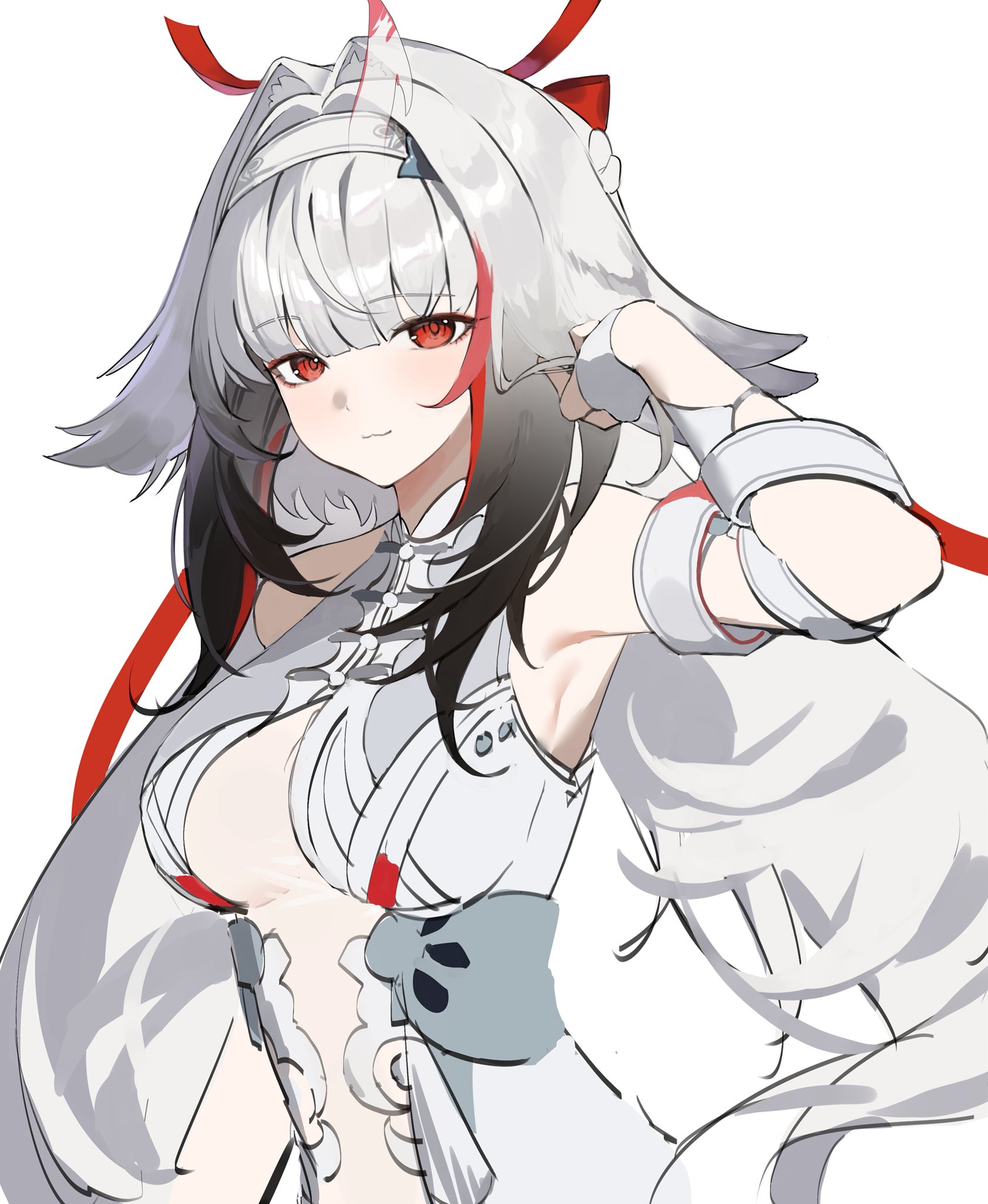 ye shunguang, zenless zone zero, highres, 1girl, :3, animal ears, black streaks, breasts, china dress, chinese clothes, dodosaae, dress, droopy ears, fox ears, fox girl, headband, horns, long hair, medium breasts, multicolored hair, red eyes, red streaks, ribbon, see-through horns, single horn, sleeveless, streaked hair, tassel, very long hair, white hair