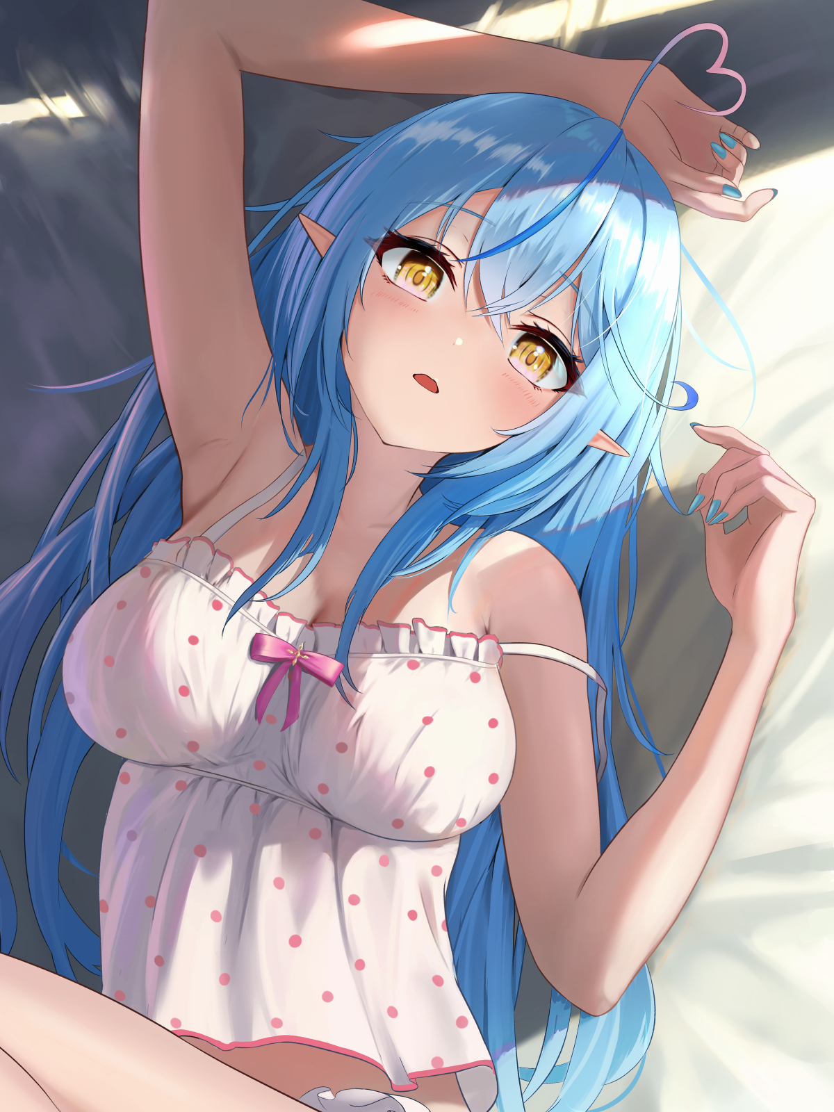torjun 111, yukihana lamy, yukihana lamy (roomwear), hololive, commentary request, highres, 1girl, ahoge, arm up, armpits, bare shoulders, bed, blue hair, blue nails, blush, breasts, camisole, cleavage, collarbone, elf, hair between eyes, heart, heart ahoge, indoors, large breasts, long hair, lying, nail polish, official alternate costume, official alternate hairstyle, on back, on bed, open mouth, pointy ears, polka dot, polka dot camisole, skirt, sleepwear, solo, virtual youtuber, white camisole, white skirt, yellow eyes