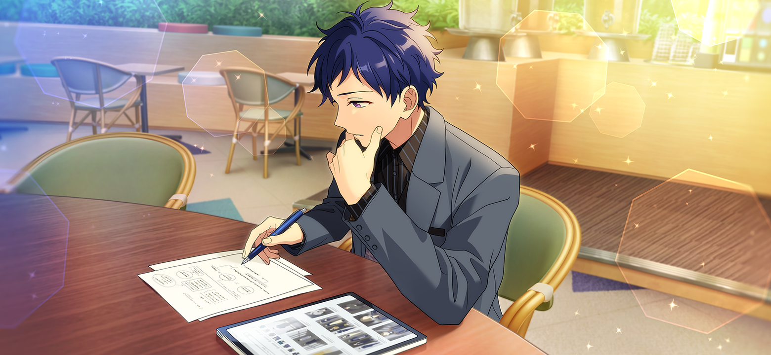 happy elements, fushimi yuzuru, ensemble stars!, game cg, official art, third-party source, 1boy, blue hair, chair, collared shirt, feature scout 1 (ensemble stars!), fingernails, hand on own face, hand up, holding, holding pen, lapels, layered shirt, long sleeves, male focus, notched lapels, on chair, paper, parted lips, pen, purple eyes, shirt, short hair, sitting, solo, sparkle, table, tablet pc, upper body