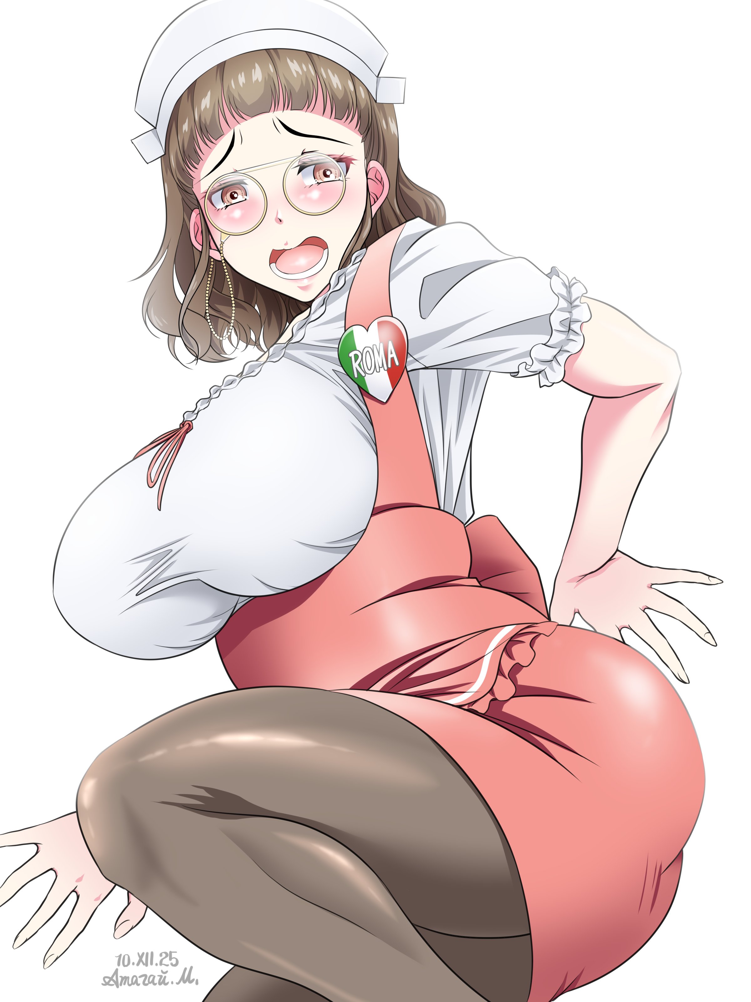 atagawa, roma (kancolle), kantai collection, absurdres, commentary request, highres, 1girl, alternate costume, black pantyhose, blush, breasts, brown eyes, brown hair, eyewear strap, glasses, headdress, large breasts, looking at viewer, lying, open mouth, pantyhose, pince-nez, pink skirt, shirt, short hair, skirt, surprised, suspender skirt, suspenders, white background, white shirt