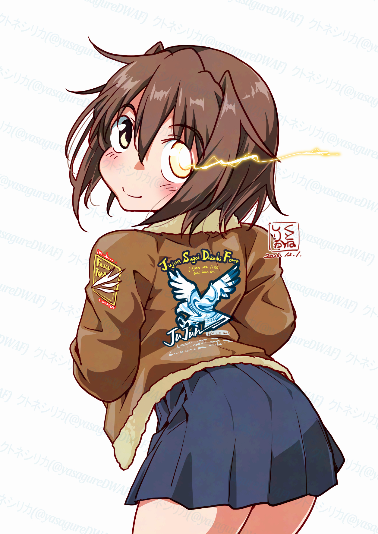 kutone shirika, furutaka (kancolle), kantai collection, commentary request, highres, 1girl, artist logo, bird, blue skirt, brown eyes, brown hair, brown jacket, cowboy shot, dated, eagle, from behind, glowing, glowing eyes, hand in pocket, jacket, logo, pleated skirt, short hair, simple background, skirt, solo, white background, yellow eyes