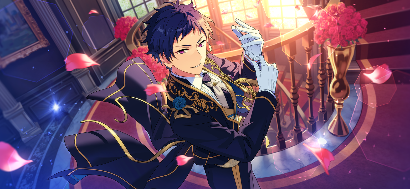 happy elements, fushimi yuzuru, ensemble stars!, game cg, official art, third-party source, 1boy, blue hair, cowboy shot, feature scout 1 (ensemble stars!), flower, gloves, hands up, layered clothes, long sleeves, male focus, mole, mole under eye, necktie, parted lips, picture frame, pink flower, pink petals, pink rose, purple eyes, rose, short hair, solo, spiral staircase, stairs, white gloves