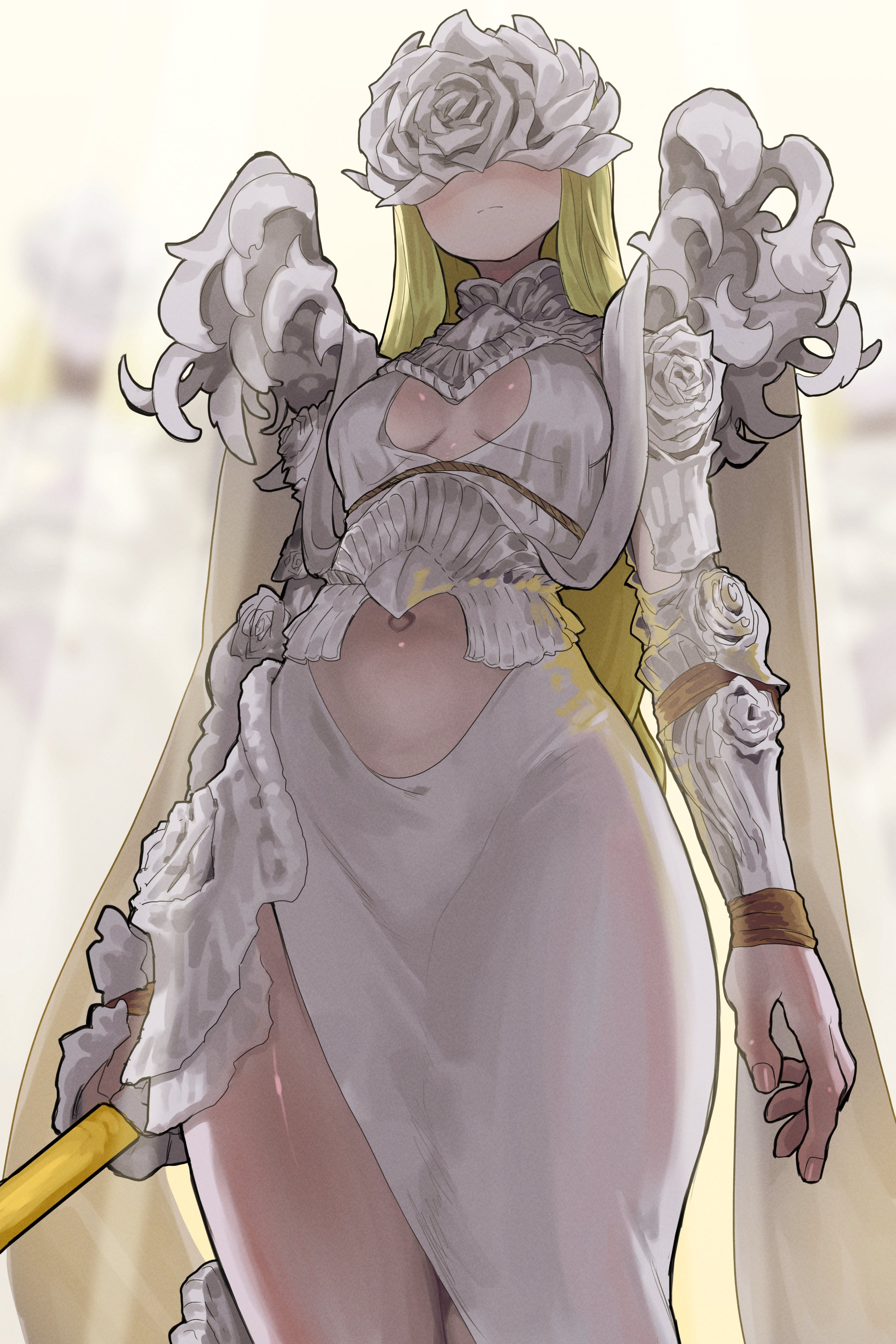 ekrea jan, weapon bequeathed harmonia (elden ring), elden ring, elden ring nightreign, absurdres, commentary request, highres, 1girl, armor, blonde hair, breasts, breasts apart, clothing cutout, covered eyes, cowboy shot, fingernails, from below, helmet, helmet over eyes, hip armor, holding, holding polearm, holding weapon, looking down, navel, navel cutout, ornate armor, plunging neckline, polearm, sarong, simple background, small breasts, solo, spear, weapon, white sarong, wide hips