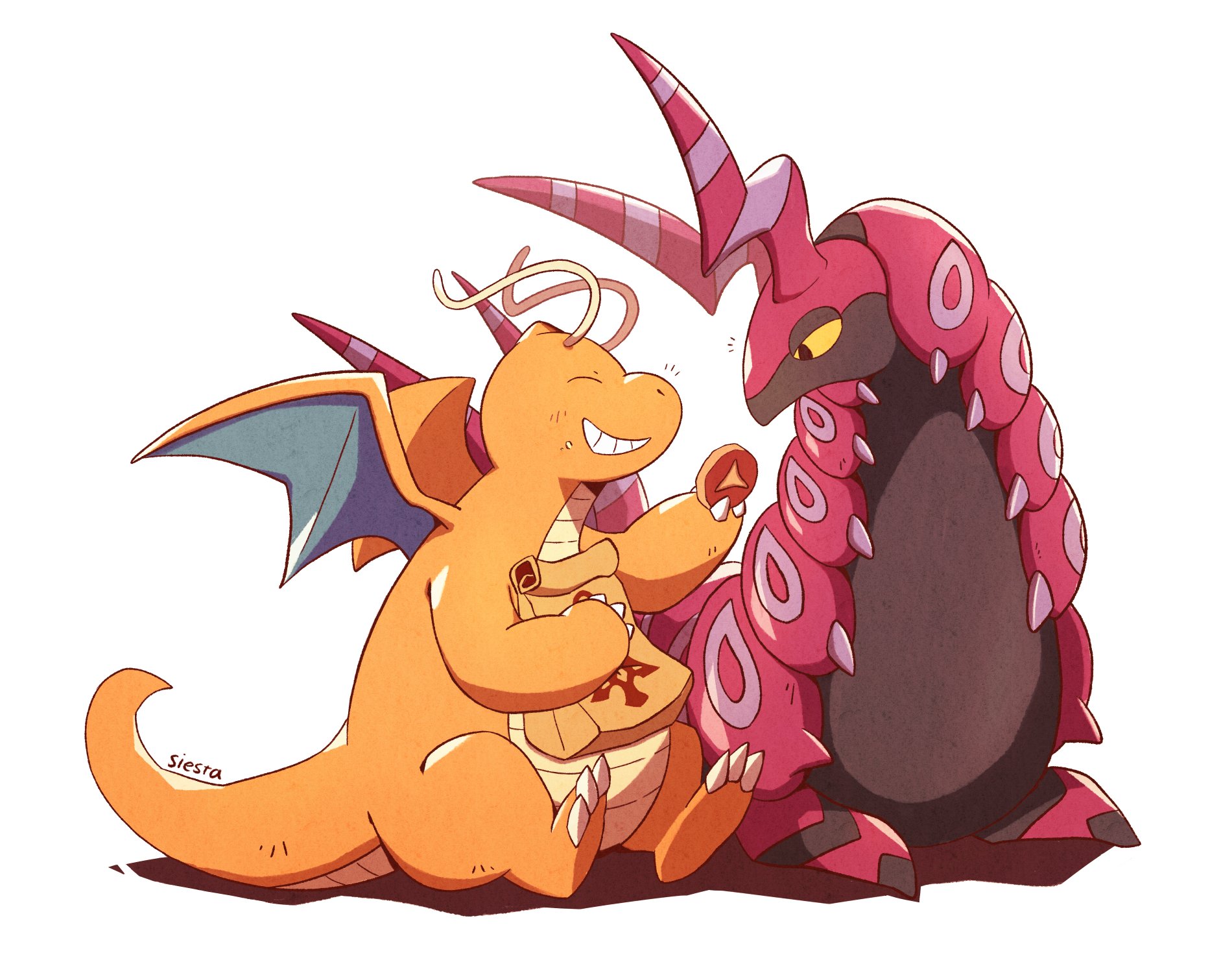 siestingtime, dragonite, scolipede, nintendo, pokemon, commentary request, highres, antennae, bag, claws, closed eyes, colored skin, dragon, food, gen 1 pokemon, gen 5 pokemon, grin, holding, holding bag, holding food, orange skin, paper bag, pokemon (creature), pokemon focus, simple background, sitting, smile, teeth, white background, wings, yellow eyes